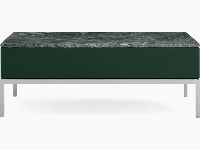 A Knoll Chermayeff Coffee Table in Dark Python Lacquer, Verdi Alpi Polished Coated Marble viewed from the front.
