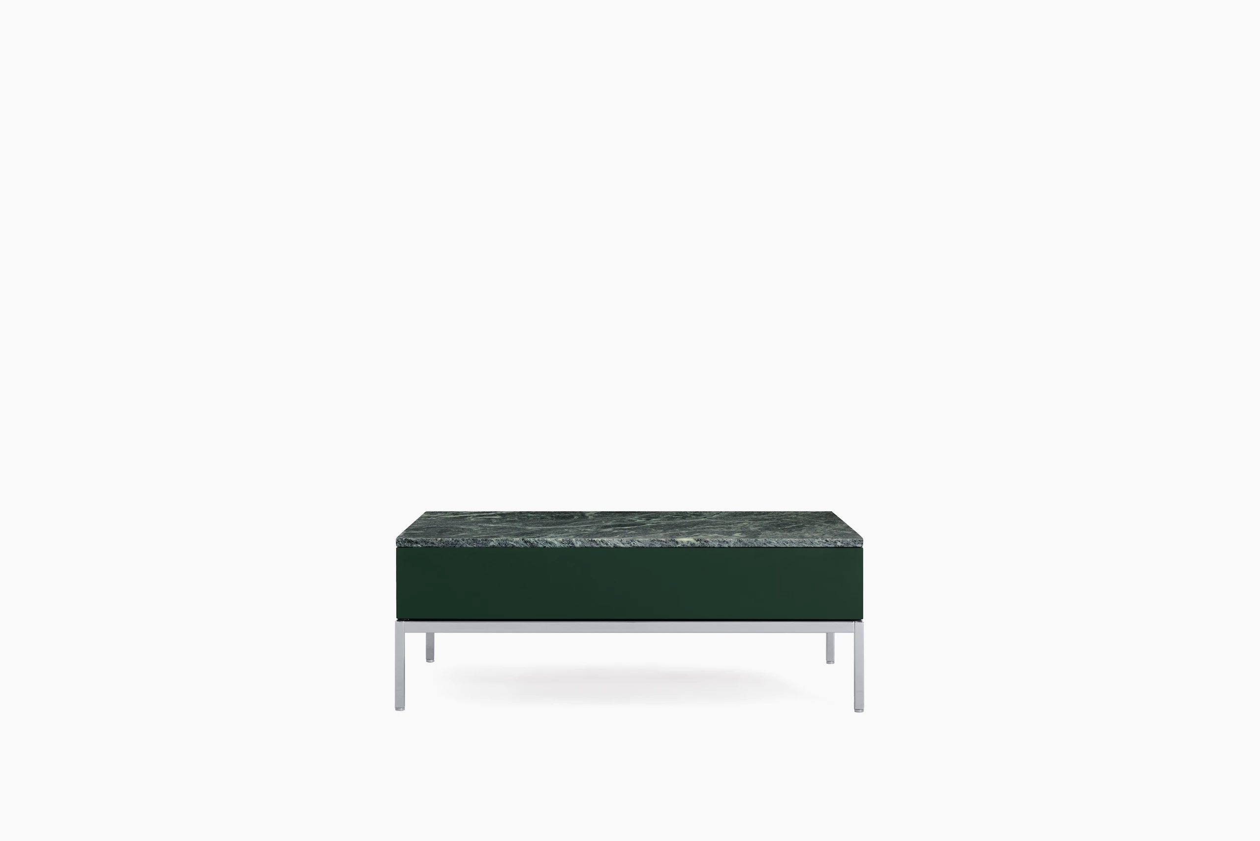 A Knoll Chermayeff Coffee Table in Dark Python Lacquer, Verdi Alpi Polished Coated Marble viewed from the front.