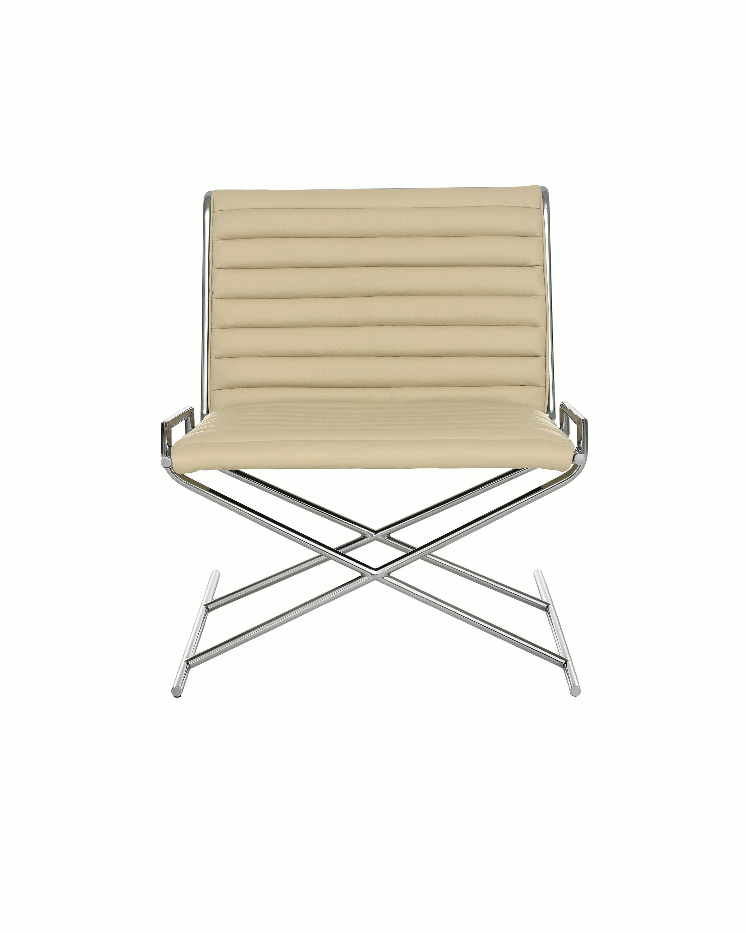 A Sled lounge chair with ribbed beige leather upholstery and an X-shaped steel frame, viewed from the front.