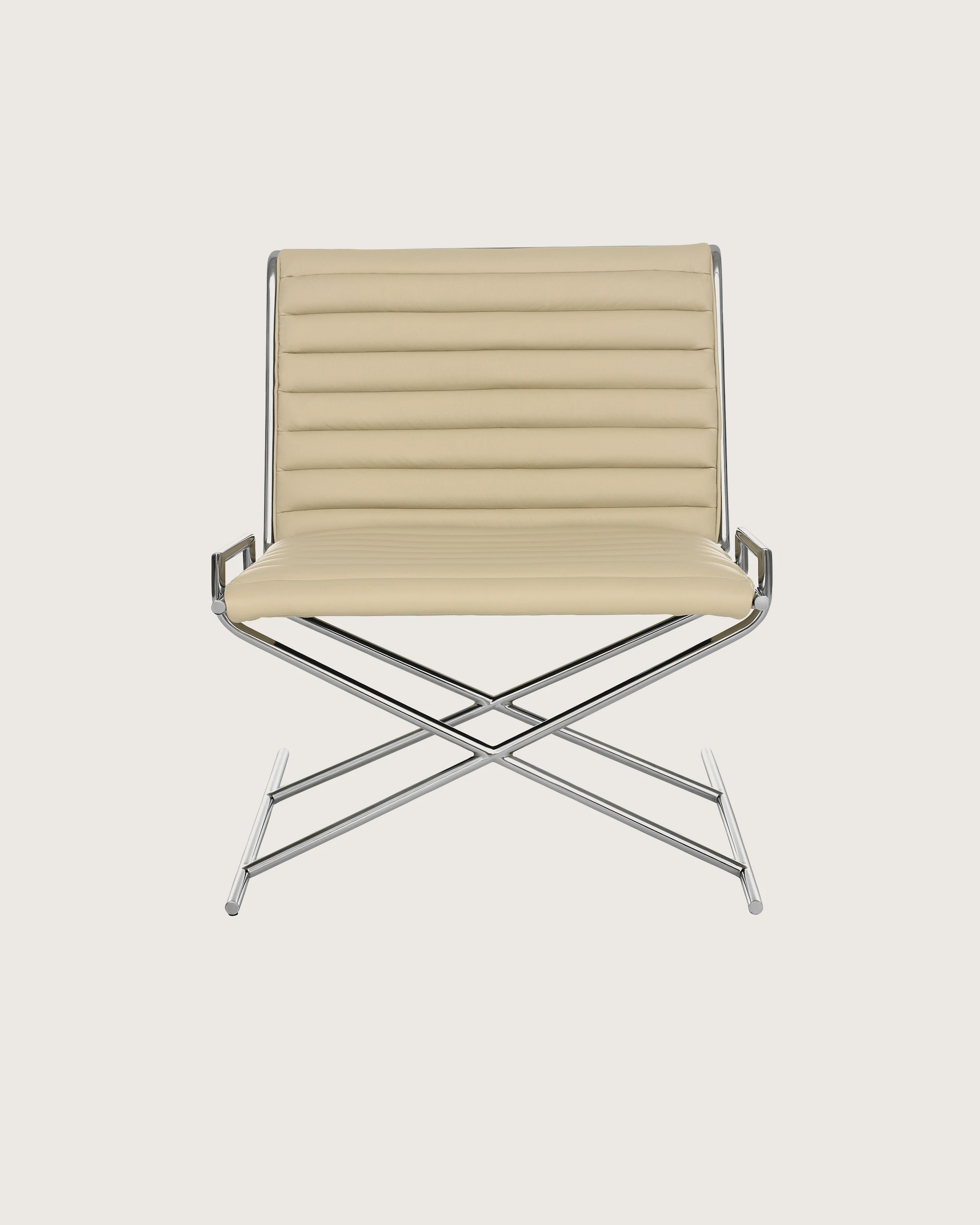 A Sled lounge chair with ribbed beige leather upholstery and an X-shaped steel frame, viewed from the front.