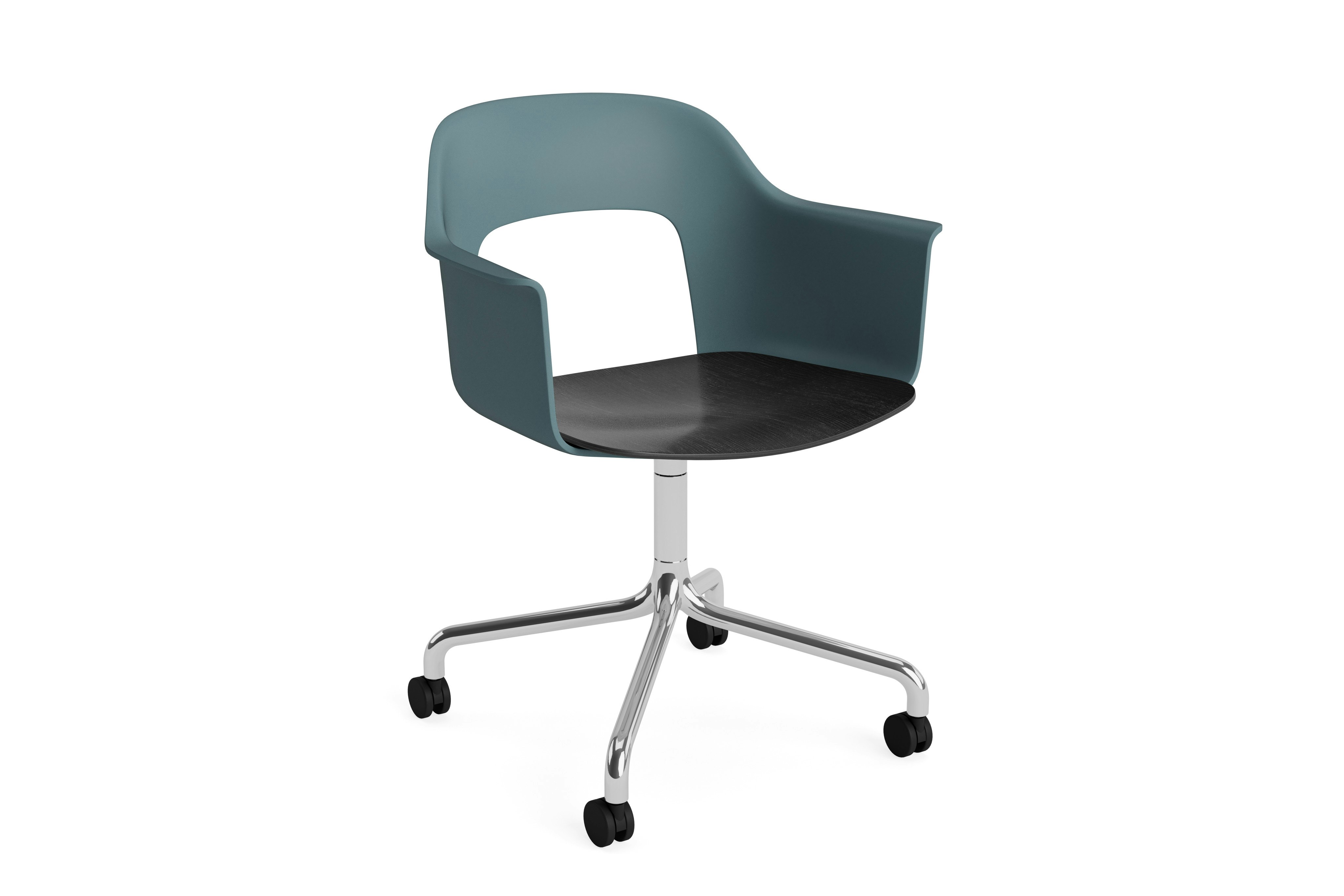 Layout Armchair blue polypropylene arm shell with black oak veneer seat on polished aluminum arc base with casters, front angled view