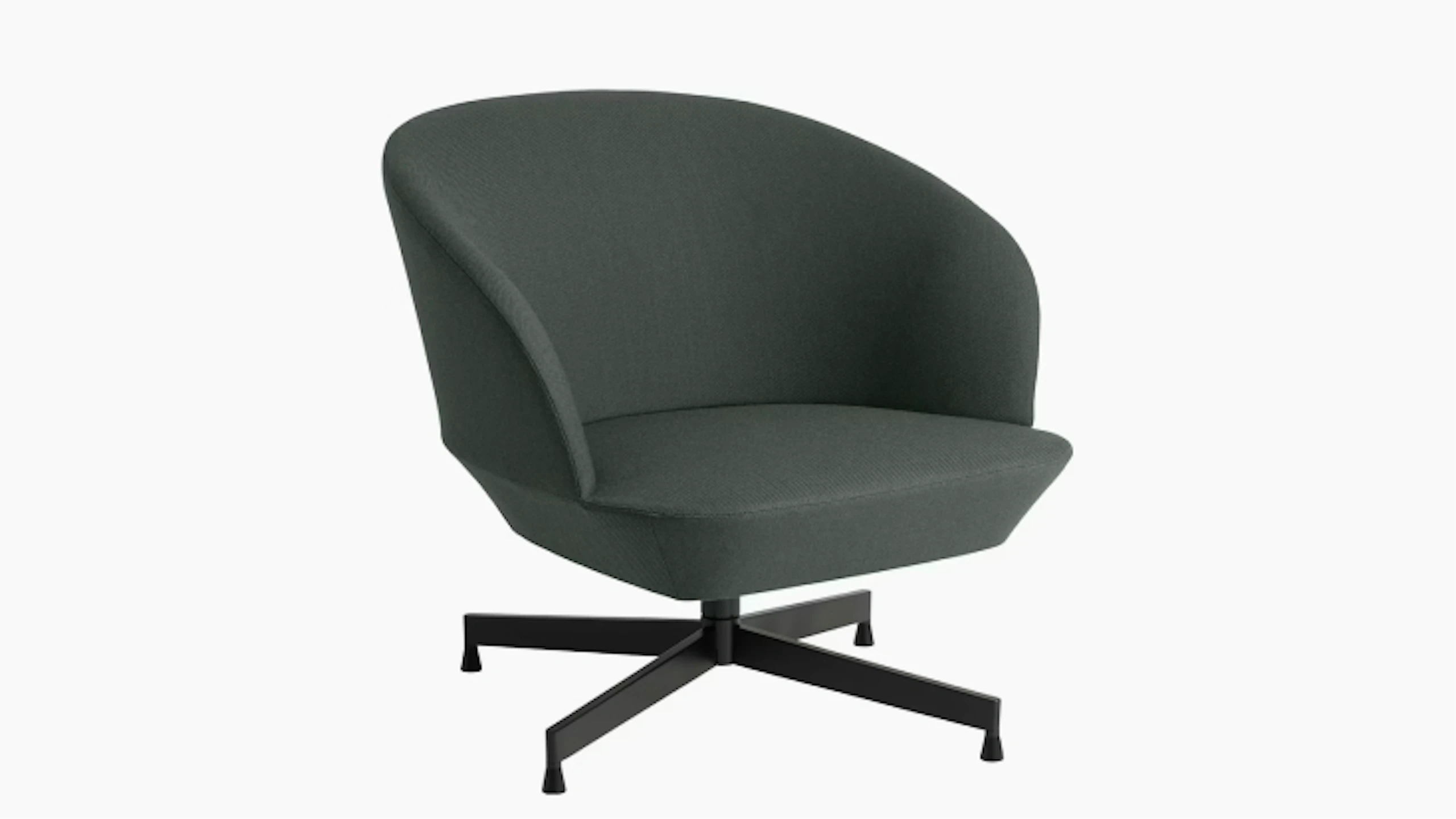 Green Oslo Lounge Chair by Muuto with a curved upholstered shell seat and black four-leg base.