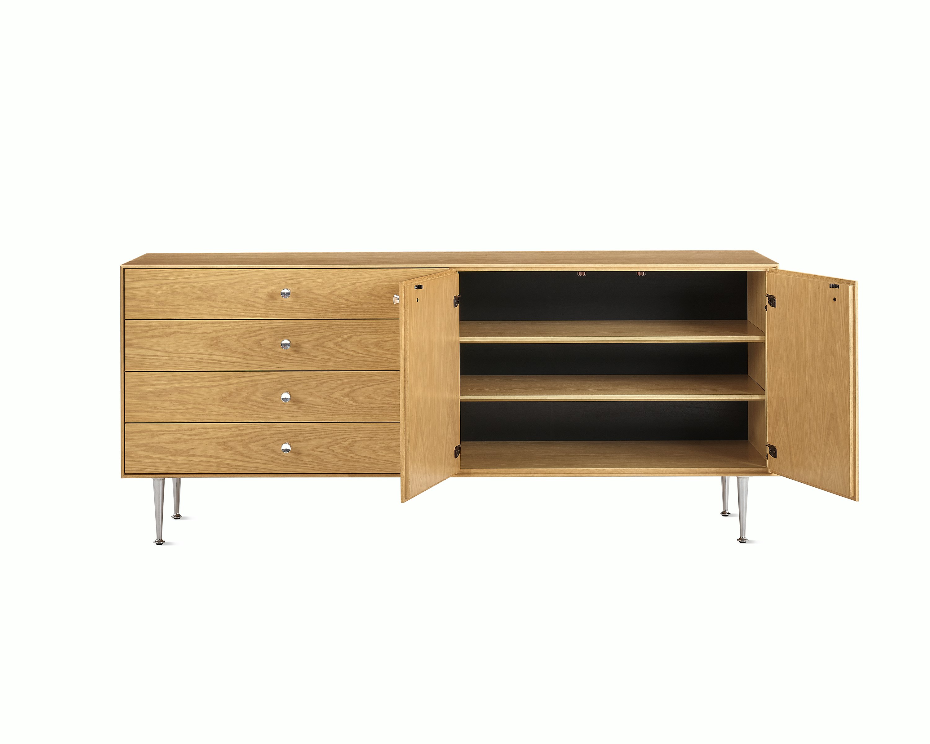 Light brown Nelson Thin Edge Buffet with open cabinets, viewed from the front.