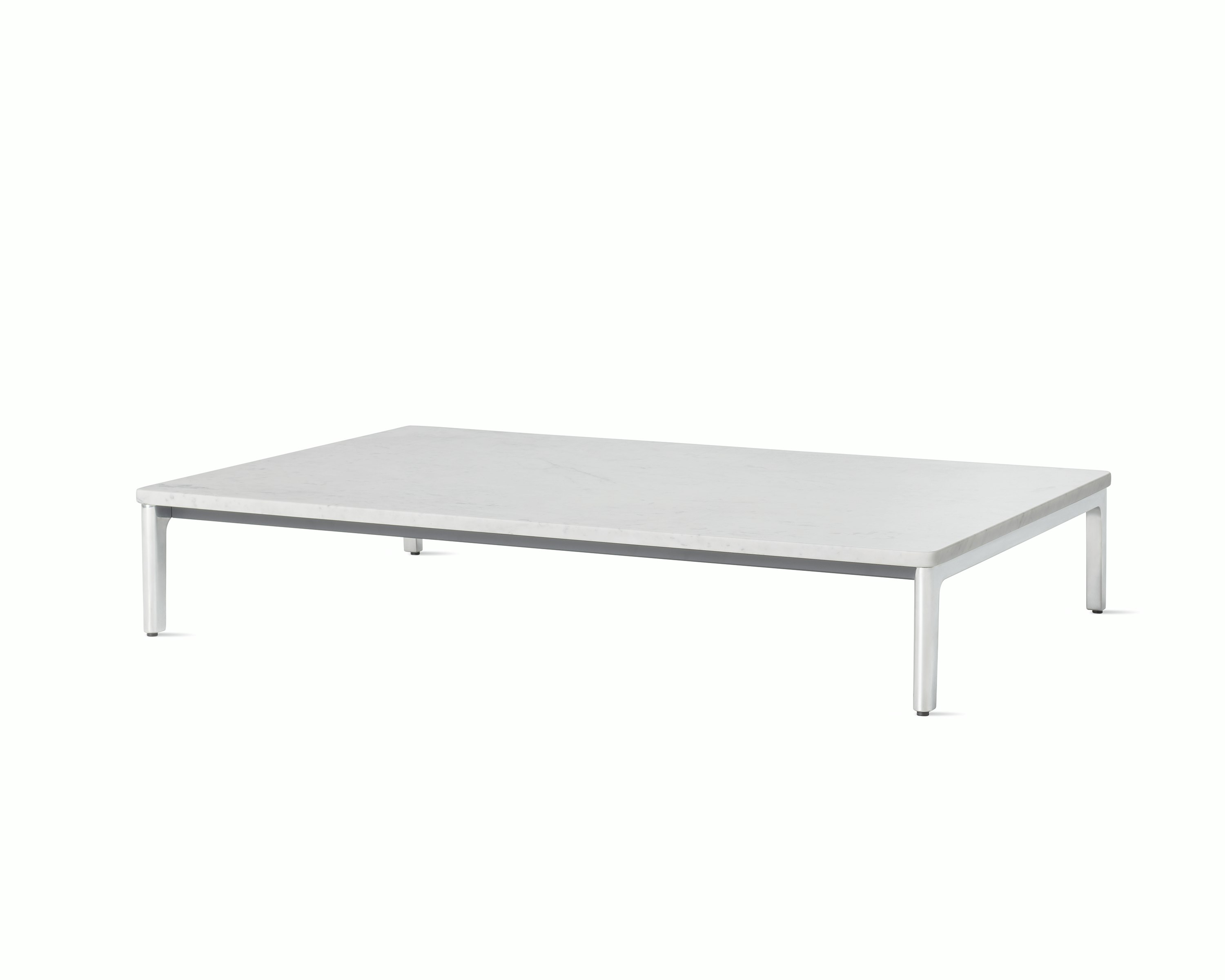 Angle view Mimo Coffee Table with polished legs and white marble top on white background.