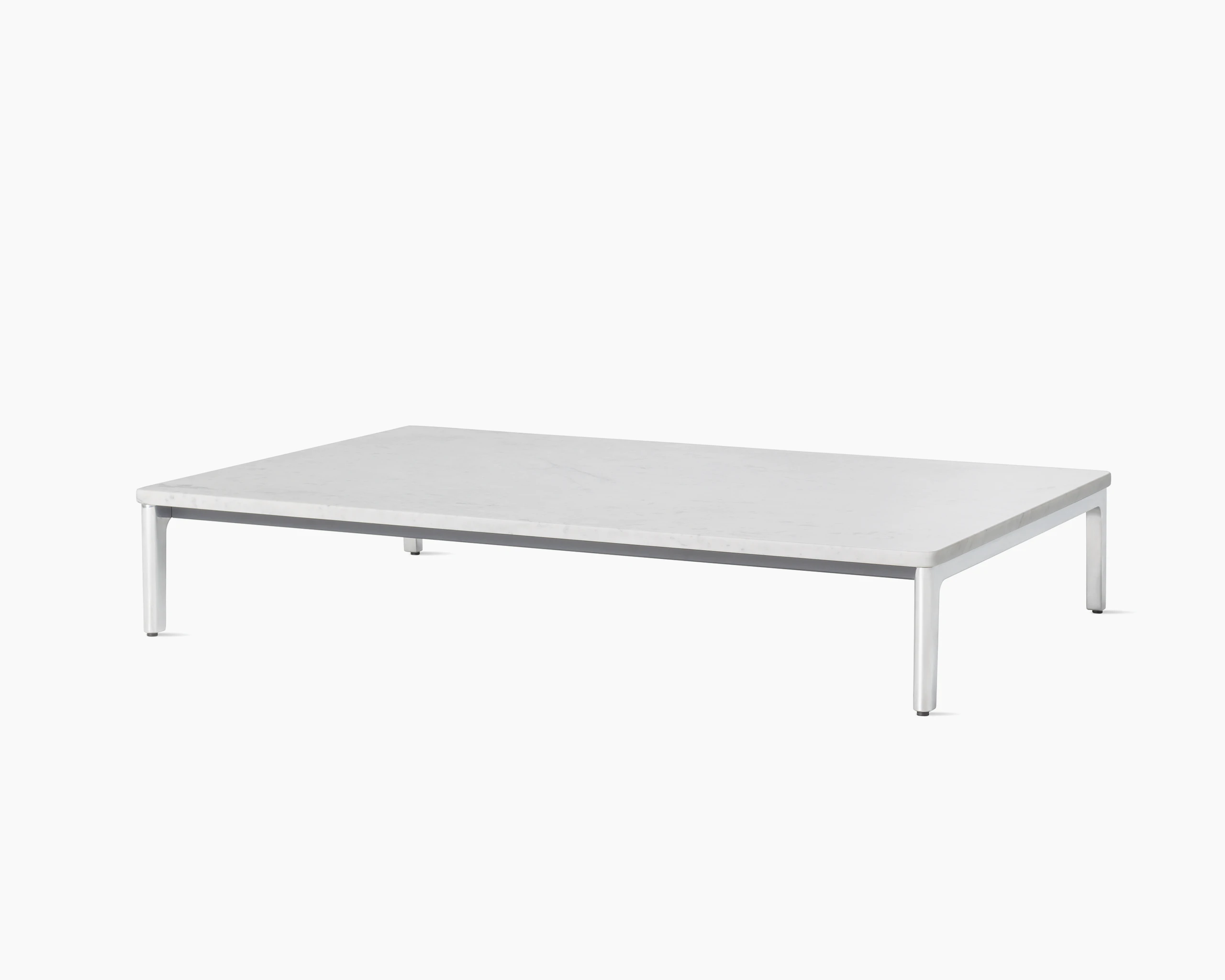 Angle view Mimo Coffee Table with polished legs and white marble top on white background.