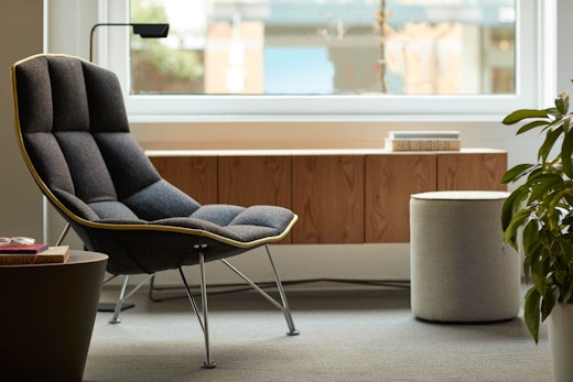 knoll essentials inviting ideation Rockwell Unscripted wire base credenza, swivel cylinder Jehs+Laub lounge chair 