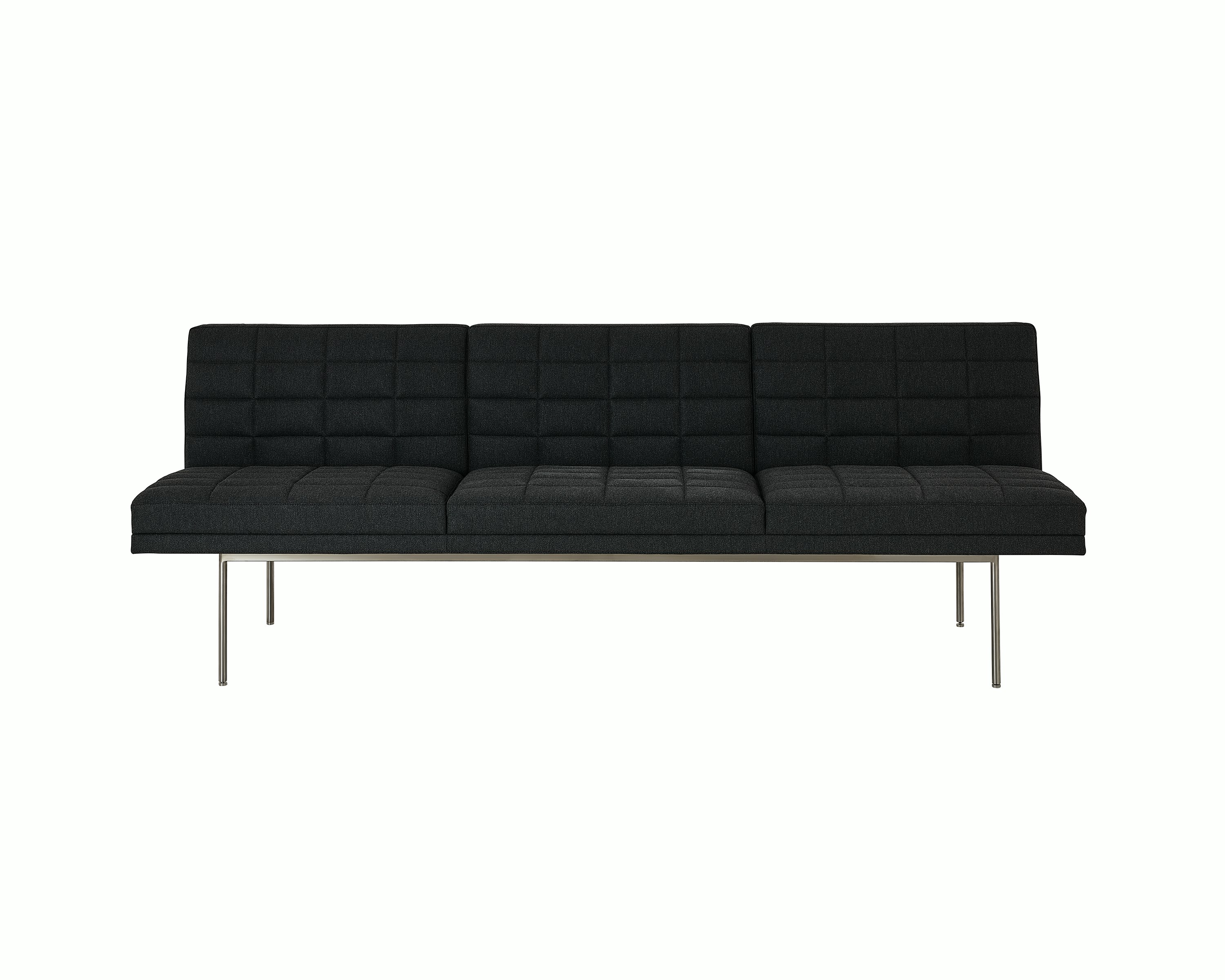 Tuxedo Component Sofa designed by BassamFellows upholstered in Bellano in Charcoal with a polished chrome base, shown front-facing on a white sweep.