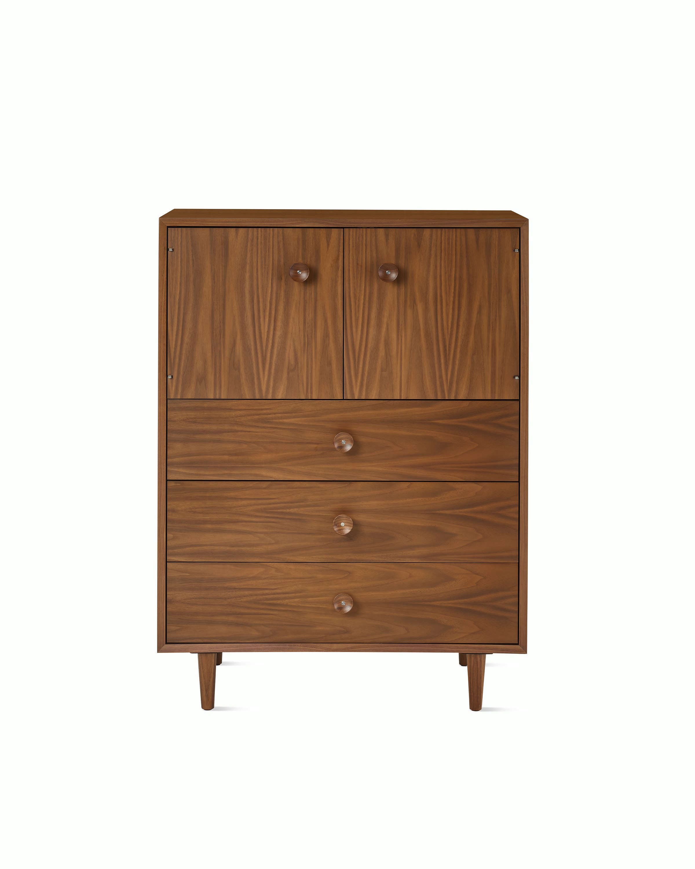 Nelson Basic Cabinet Series Console in walnut, two doors, three drawers, taper legs, cupcake pulls.