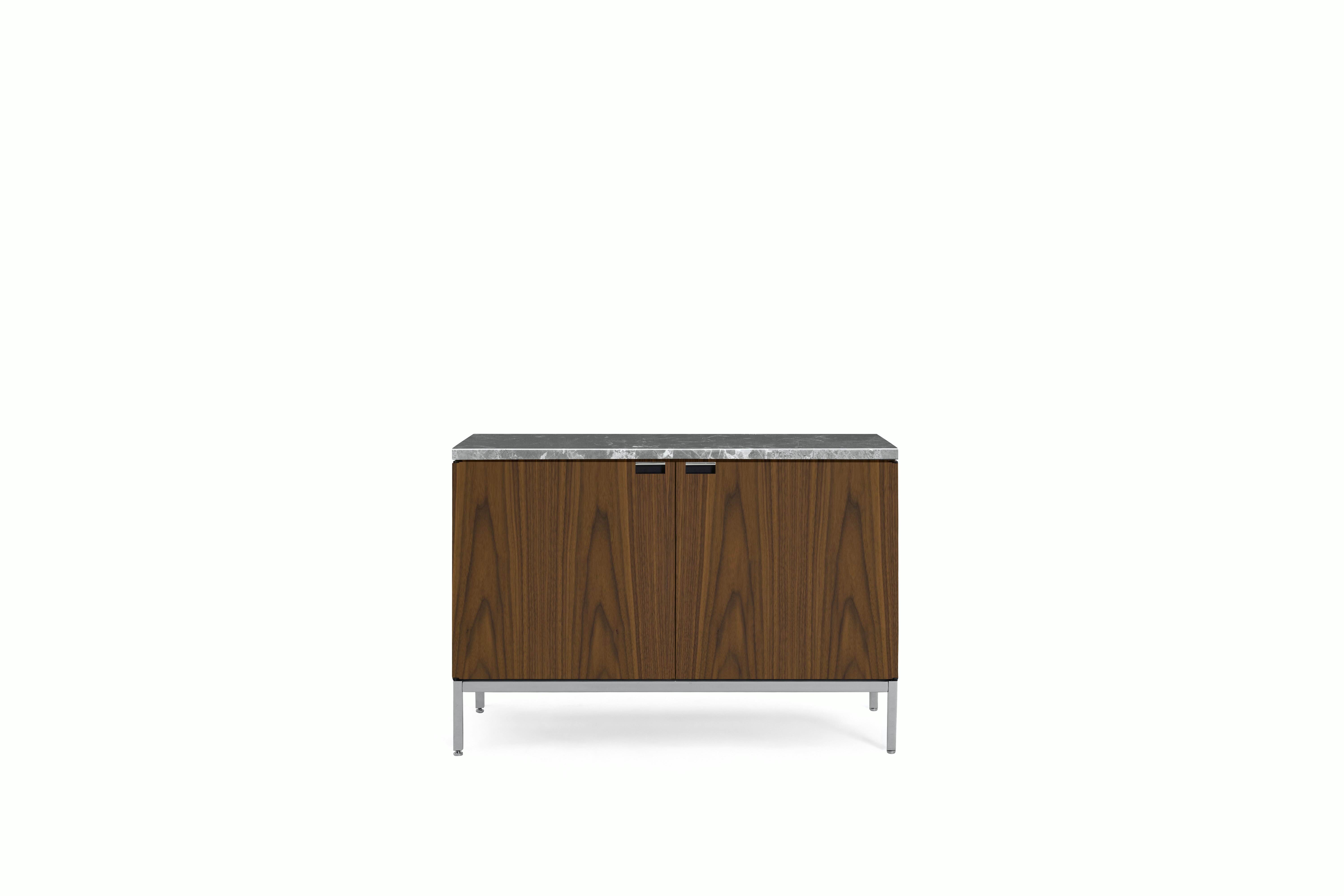 A Florence Knoll Credenza in Small, Walnut, Polished Coated Marble, Grey Marble viewed from the front.