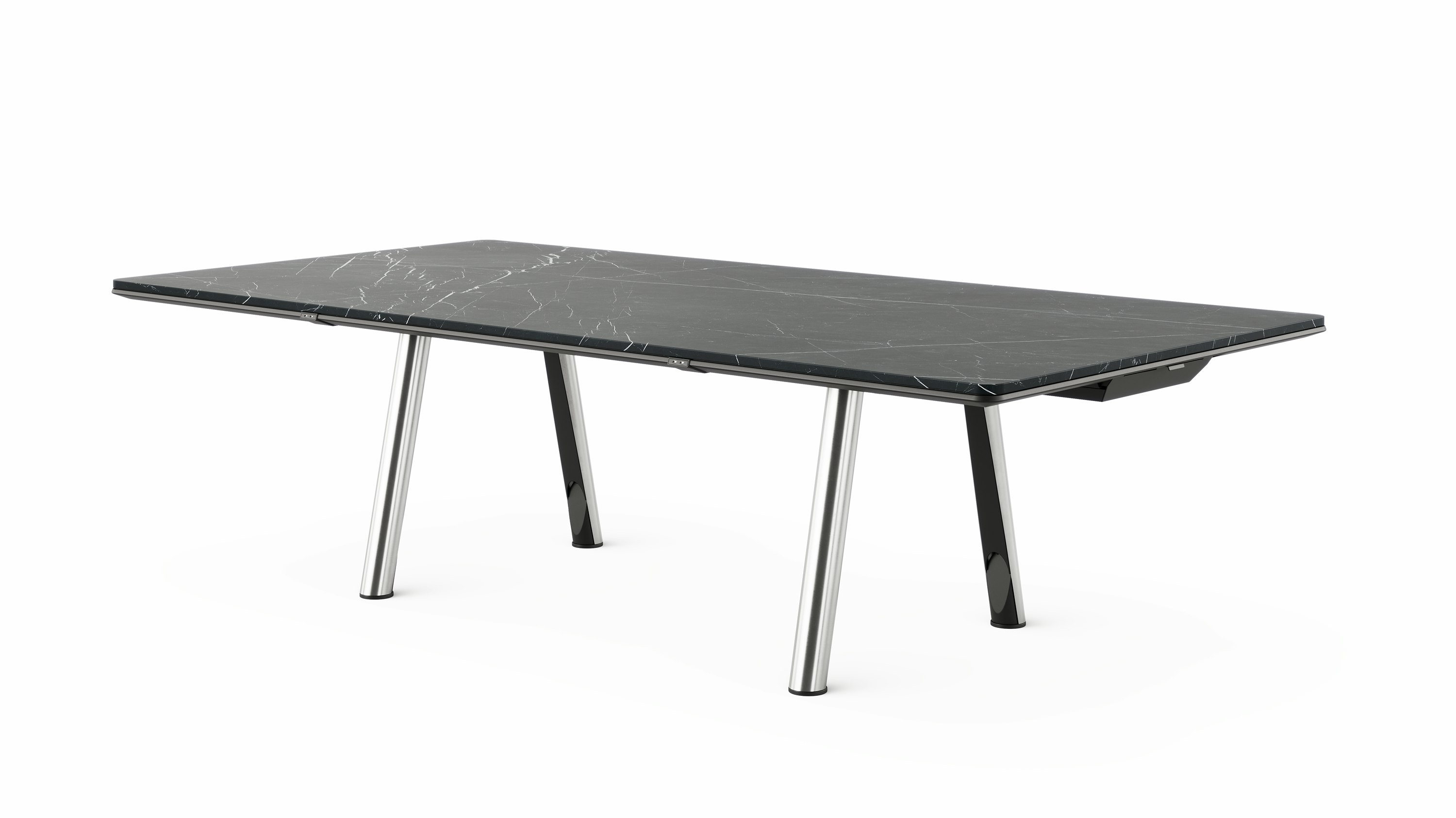 Ascent Conference Table designed by EOOS in Nero Marquina marble with a chrome base shown at an angle on a white sweep.