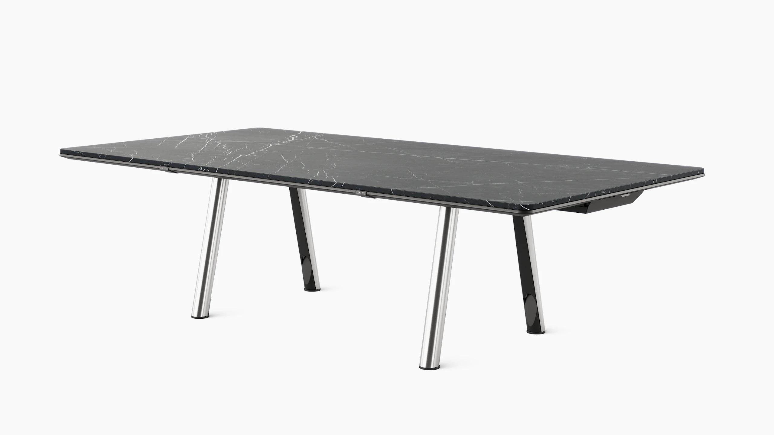 Ascent Conference Table designed by EOOS in Nero Marquina marble with a chrome base shown at an angle on a white sweep.