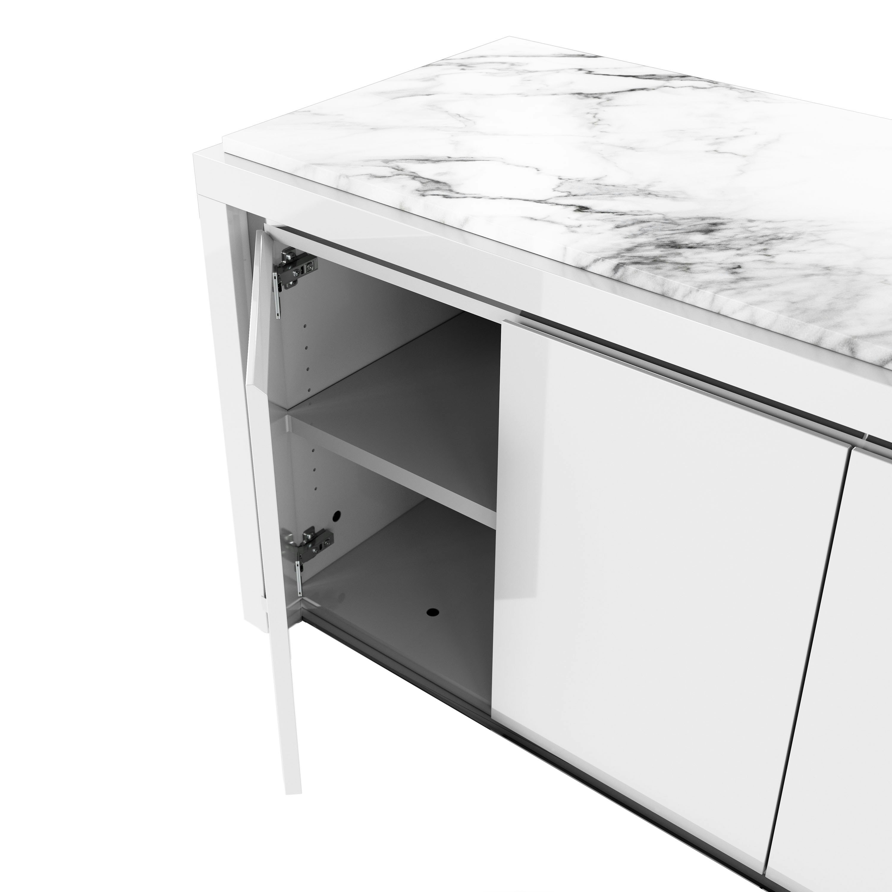 Detail shot of open hinged door on Highline Fifty Credenza in White Polyester with White Carrara Marble top and Polished Chrome Metal trim.