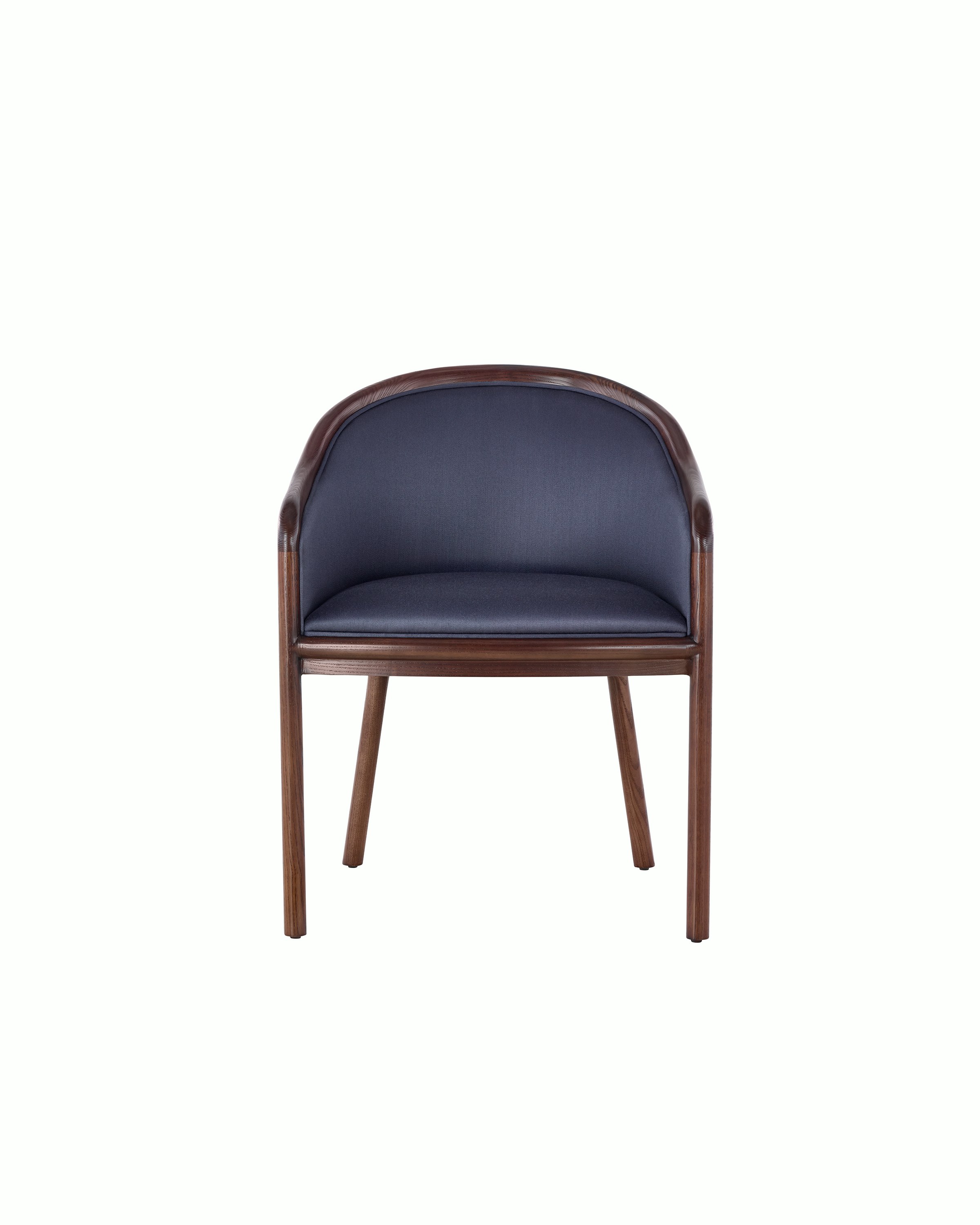 A Landmark side chair with dark blue French upholstery, a dark wood frame, and standard-height arms, viewed from the front.