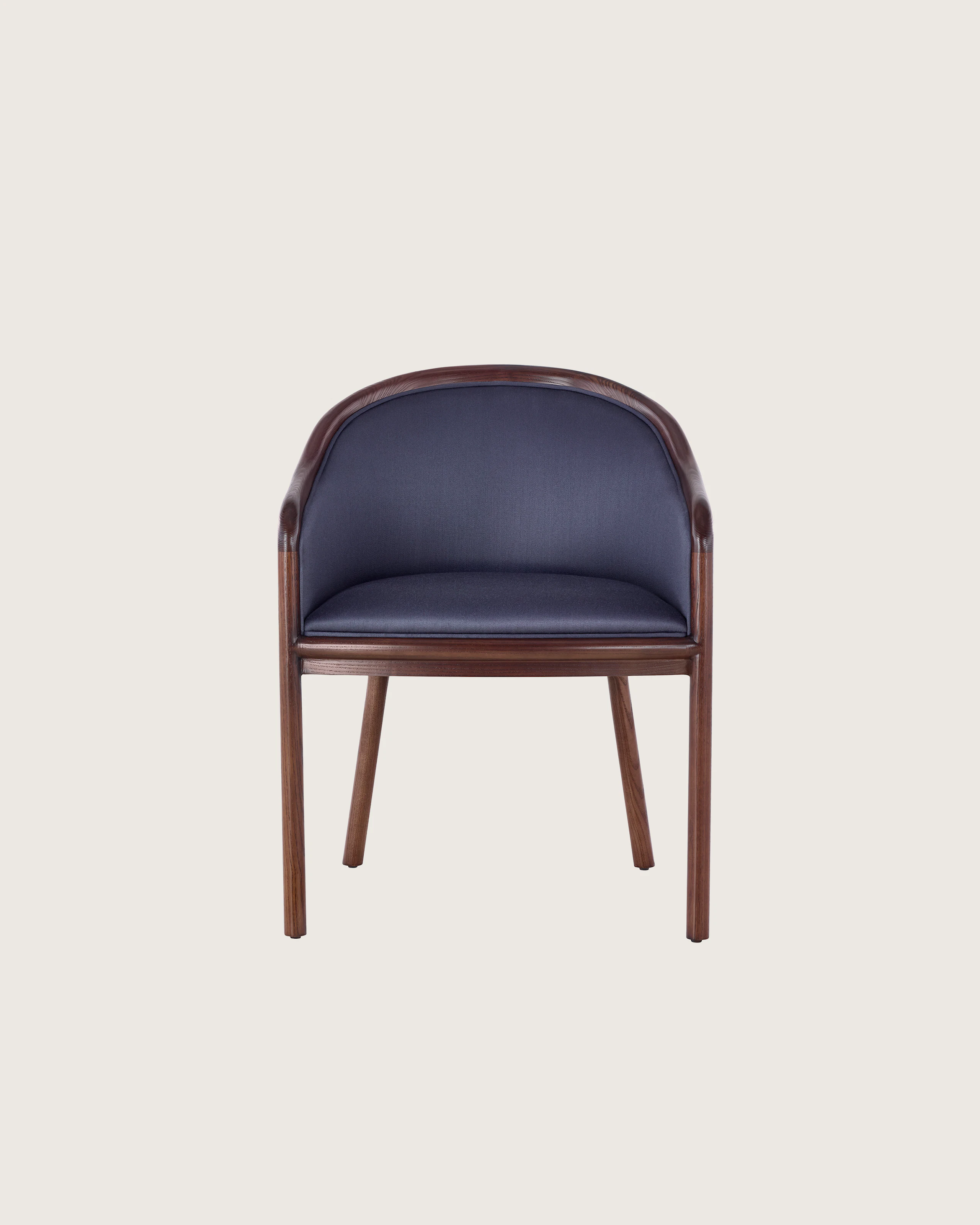 A Landmark side chair with dark blue French upholstery, a dark wood frame, and standard-height arms, viewed from the front.