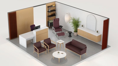 A cozy lounge setting featuring warm colors with two individual burgundy chairs and matching sofa, a burgundy lounge chair and ottoman, and desk with task seating.