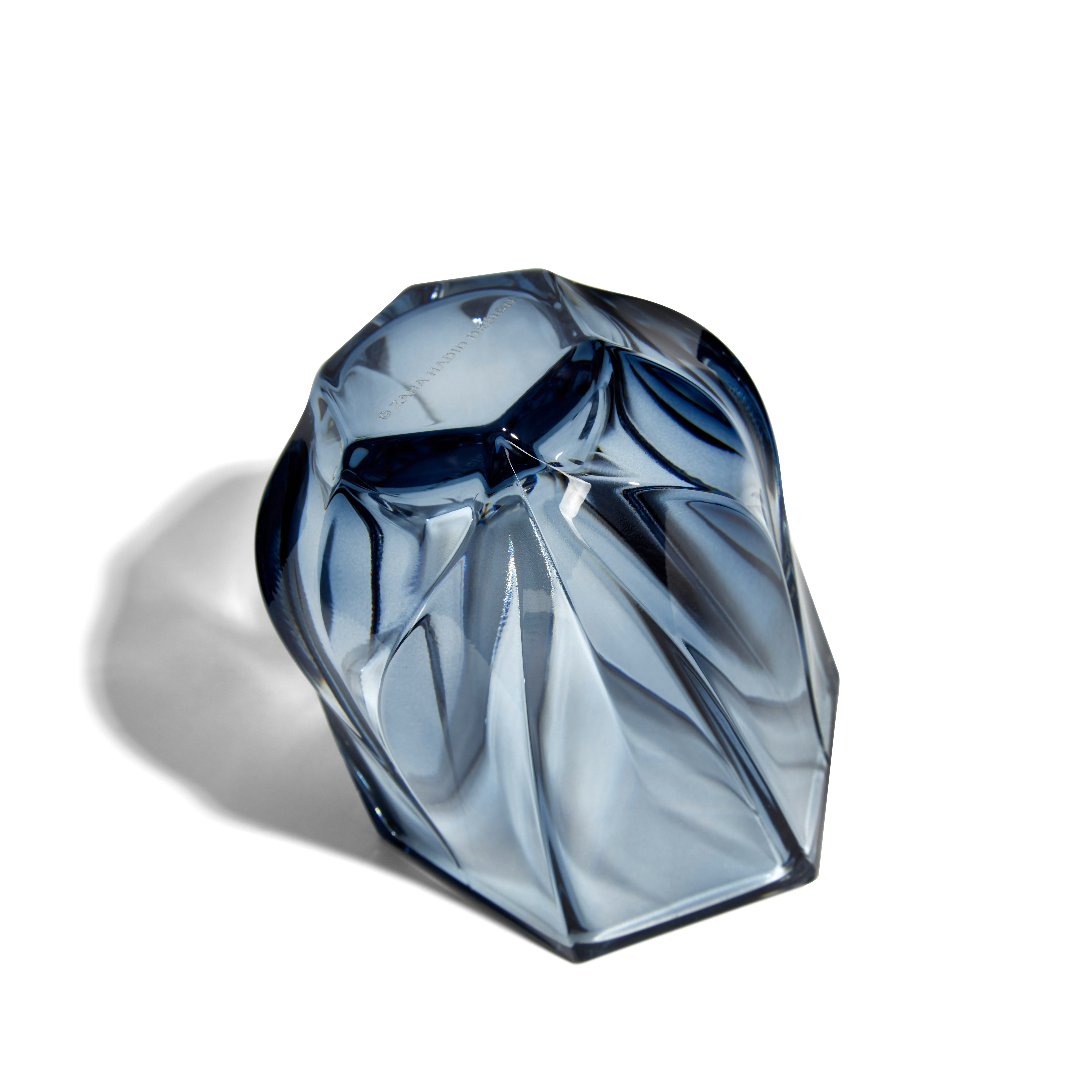 A Shimmer Scented Candle in Slate Blue viewed from back.