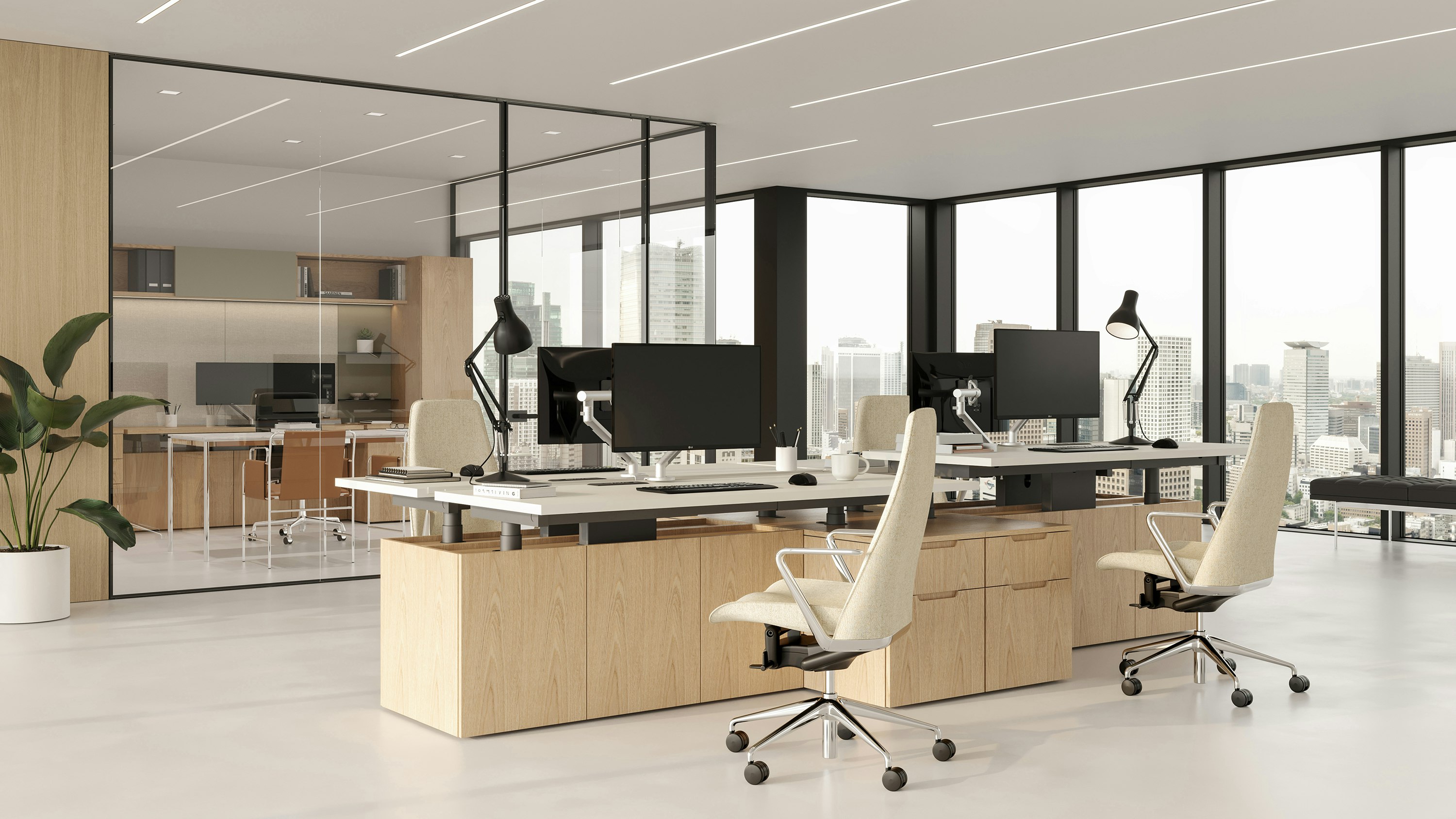 Geiger One Open Plan Workstation, Rendering OP1, in Natural Oak with Taper Chairs.