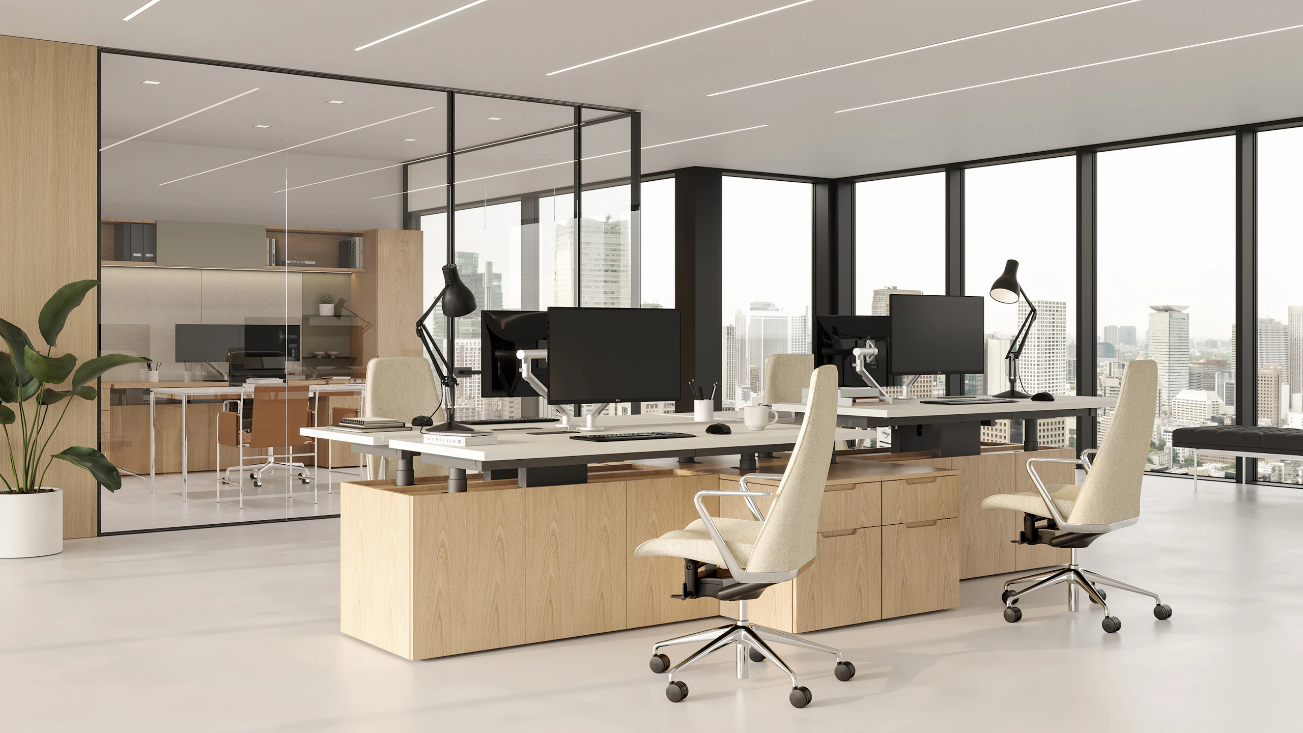 Geiger One Open Plan Workstation, Rendering OP1, in Natural Oak with Taper Chairs.