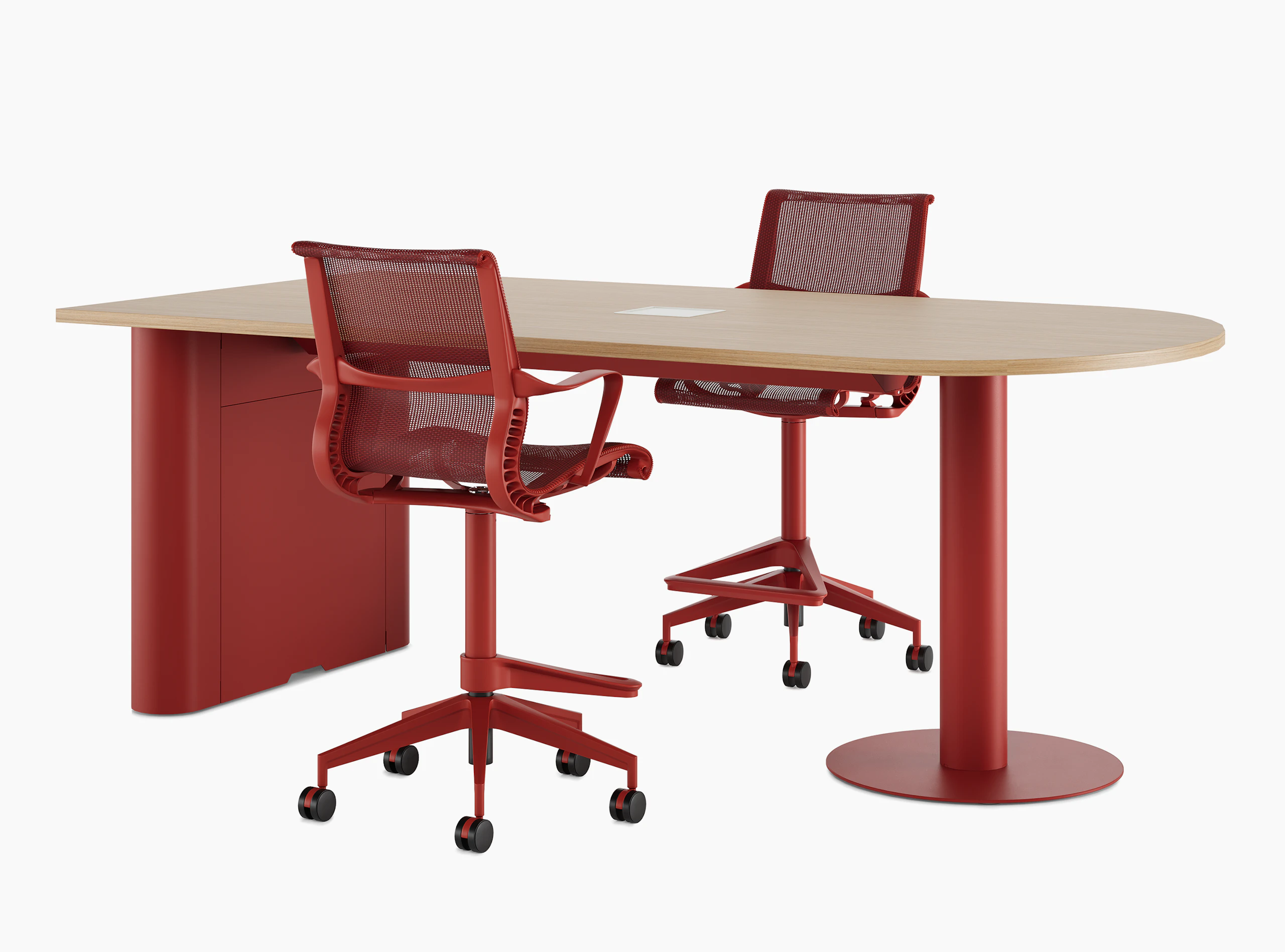 Headway Huddle Table without monitor support in canyon, with Logic power cut-out and Setu Stool.