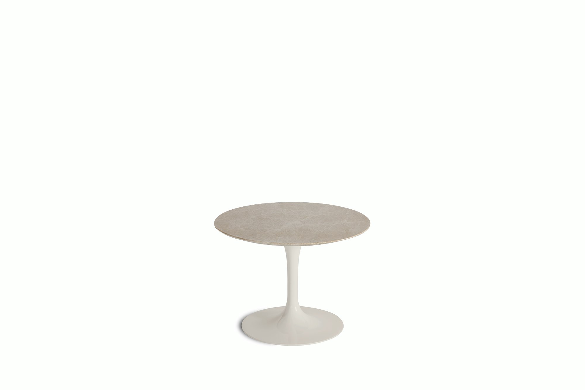 A Saarinen Side Table in Emperador Light viewed from the front.