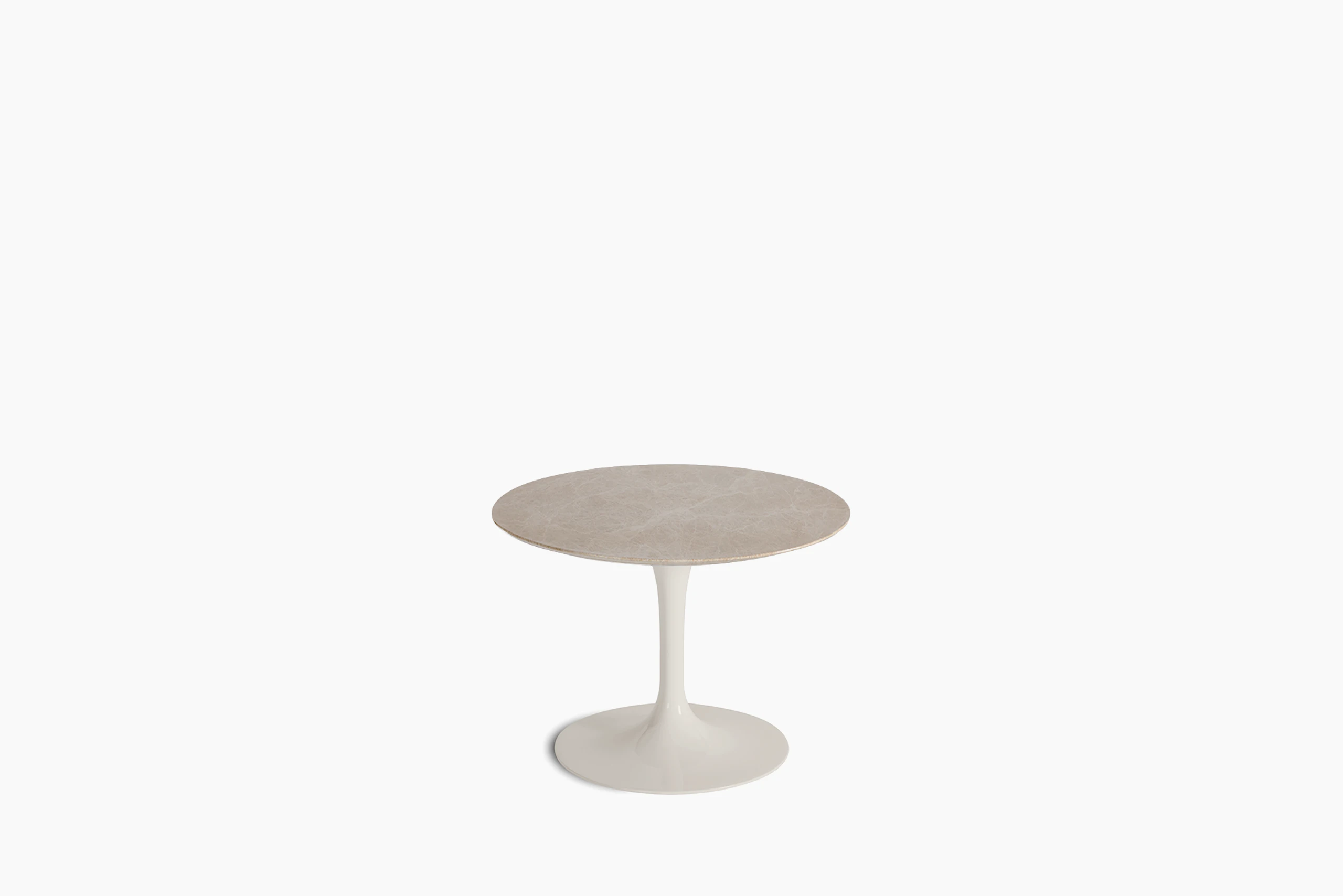 A Saarinen Side Table in Emperador Light viewed from the front.