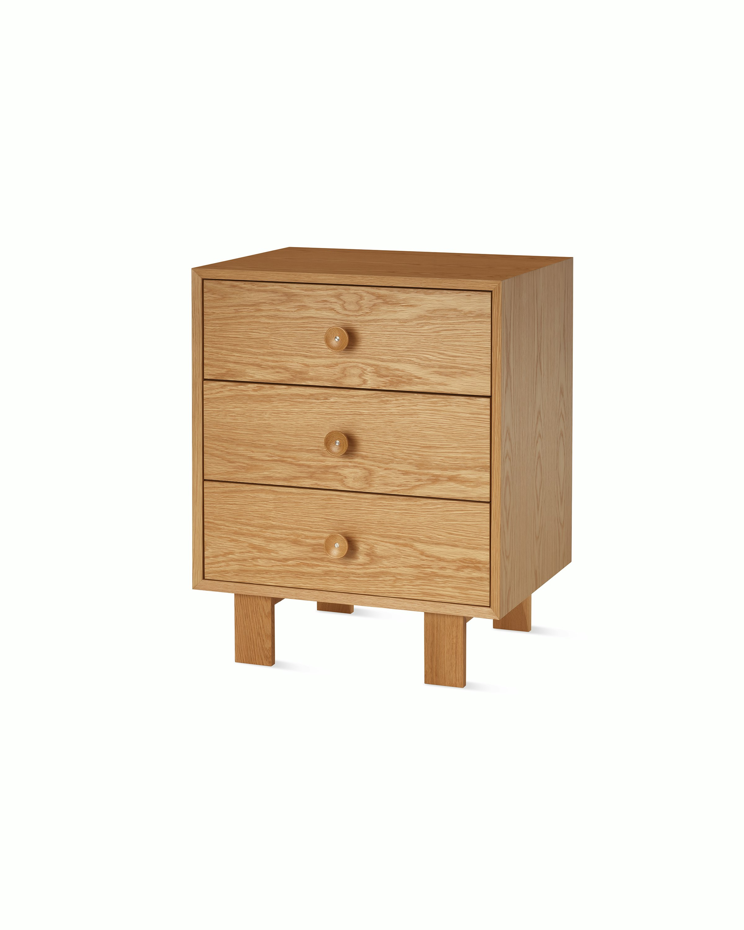 Nelson Basic Cabinet Series 3 drawer cabinet, standard square legs, cupcake pulls, in natural oak.