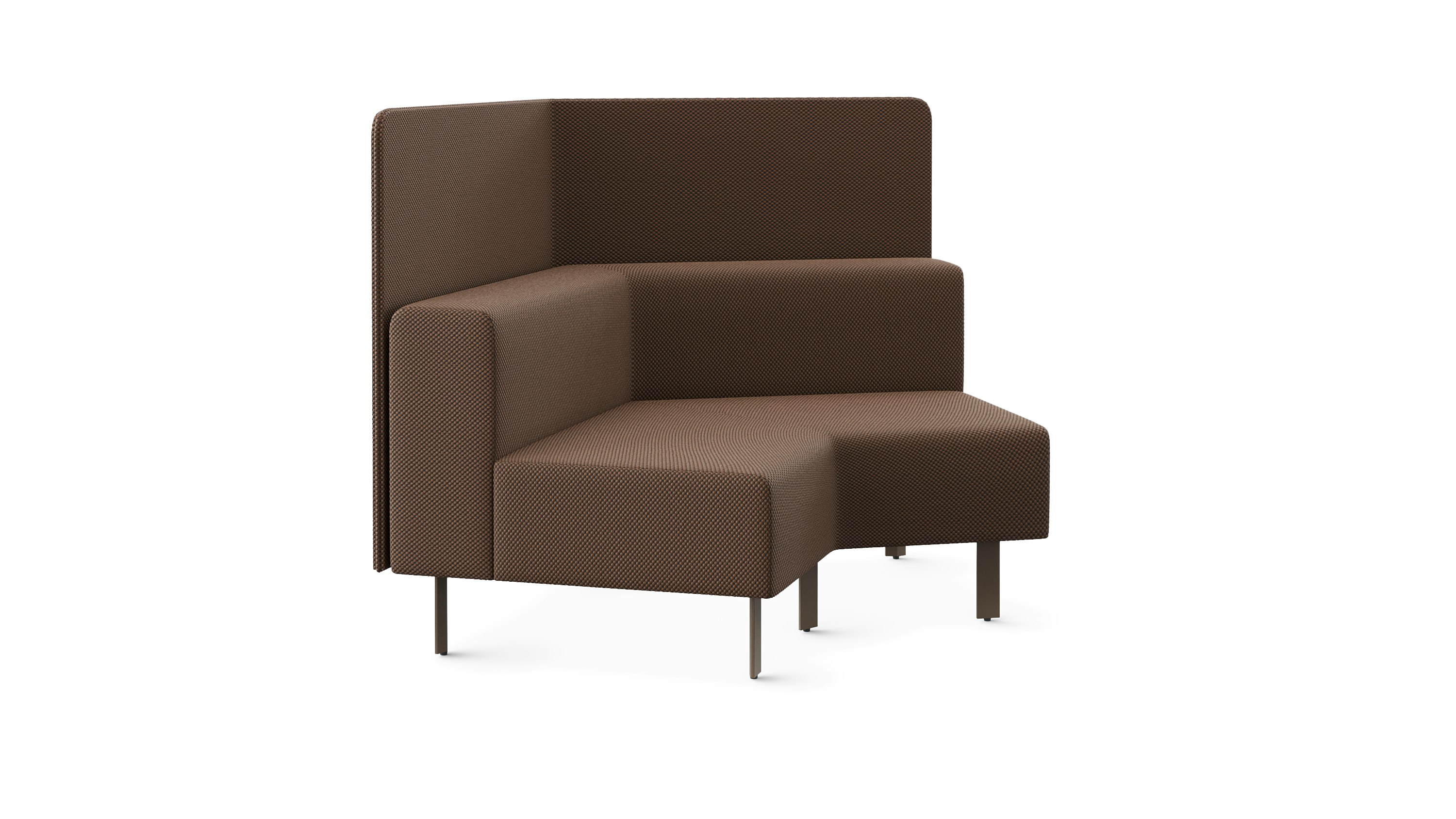 A rendering of a lounge bench is shown from an angle. The bench has a privacy screen attached to the back and is a corner piece for a bench system.