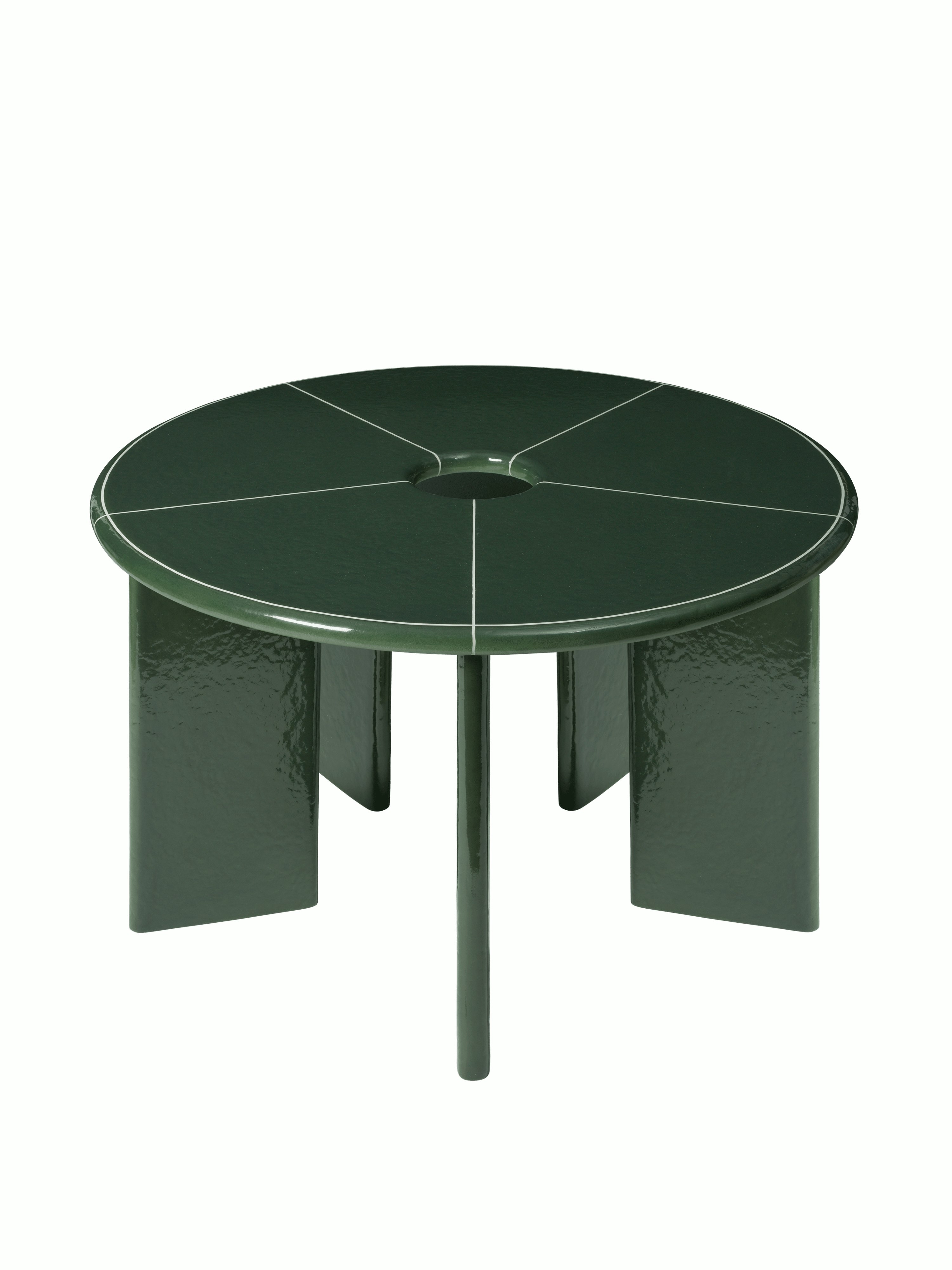 A Deya Dining Table in Dark Green viewed from the front