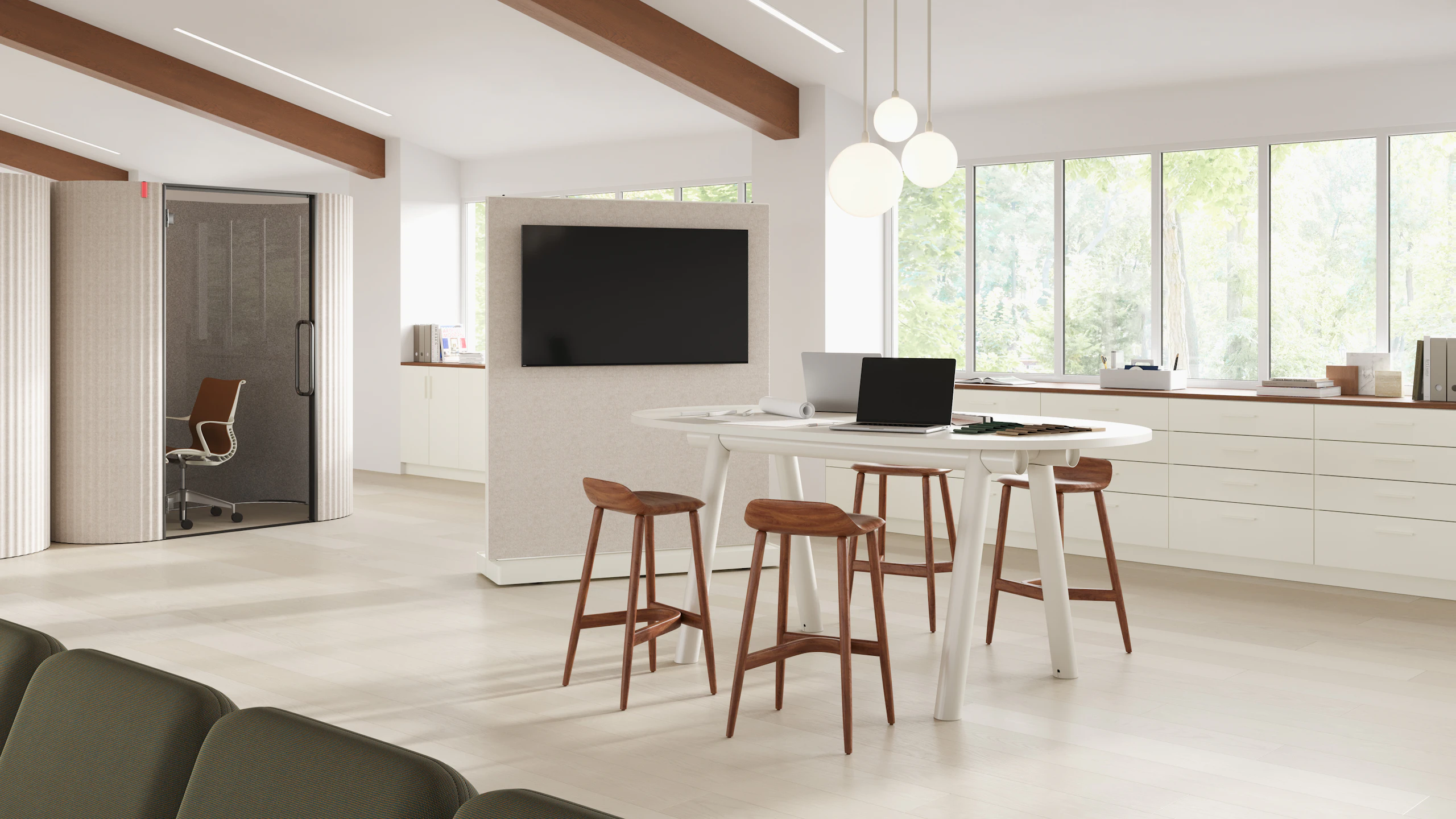 Oval top Boa Table in a huddle studio space setting, counter height with stools and OE1 Agile media wall.