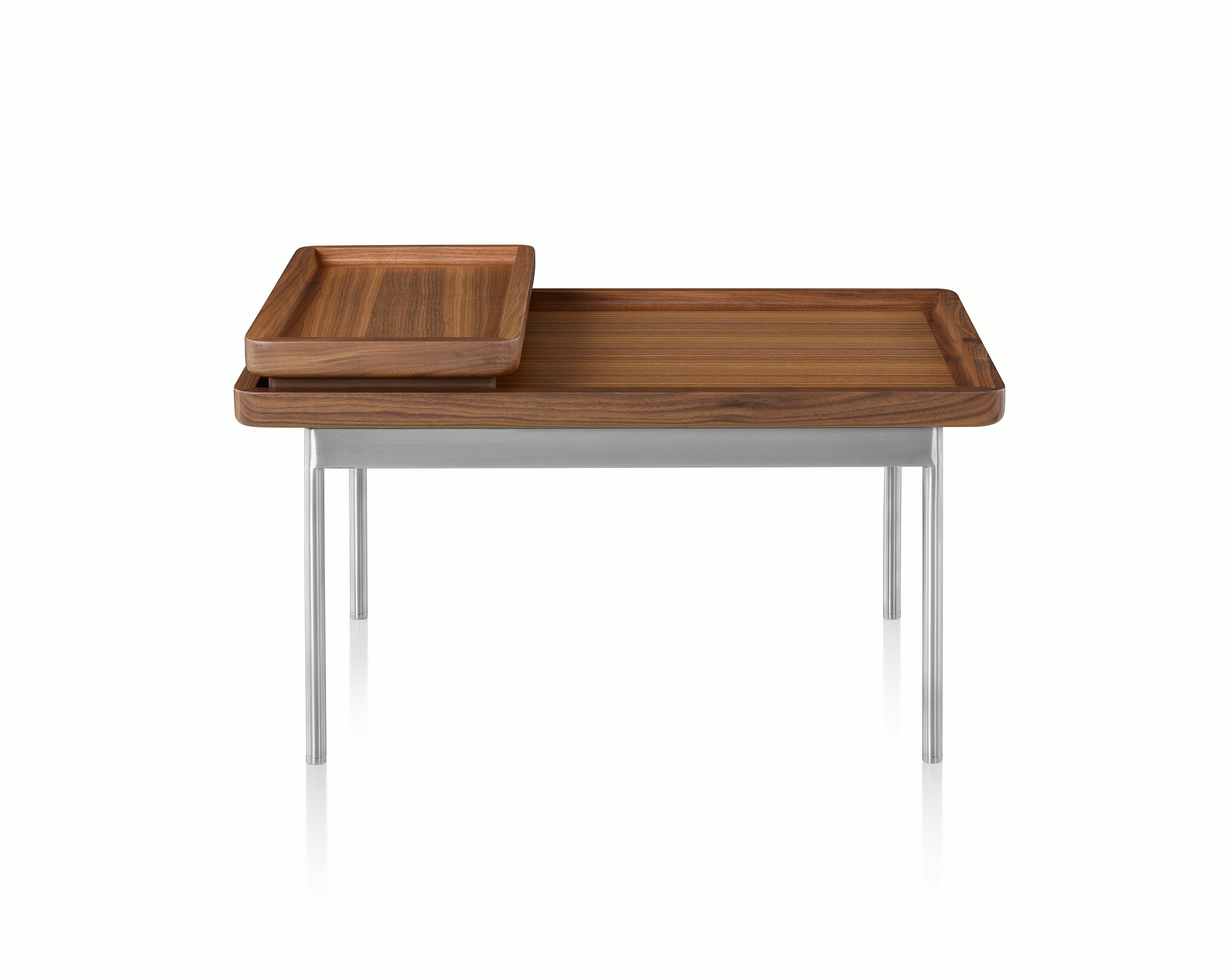 A Tuxedo Component Lounge Table featuring a Natural Walnut top and Satin Chrome Base.