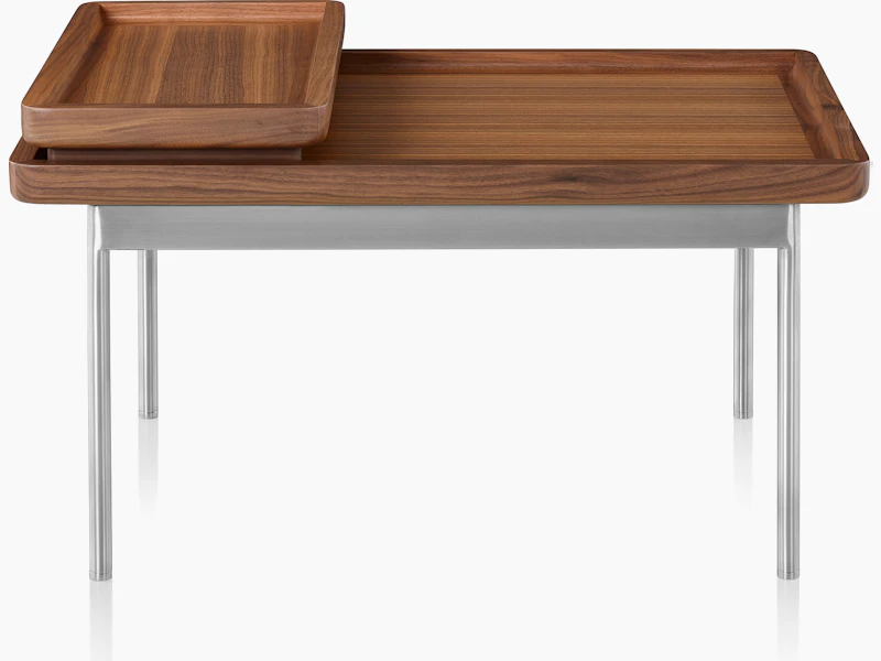 A Tuxedo Component Lounge Table featuring a Natural Walnut top and Satin Chrome Base.