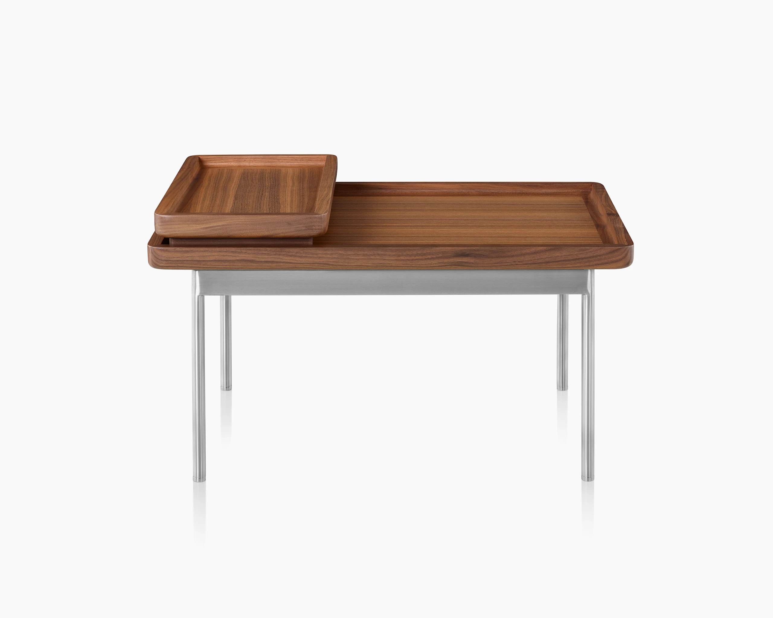 A Tuxedo Component Lounge Table featuring a Natural Walnut top and Satin Chrome Base.