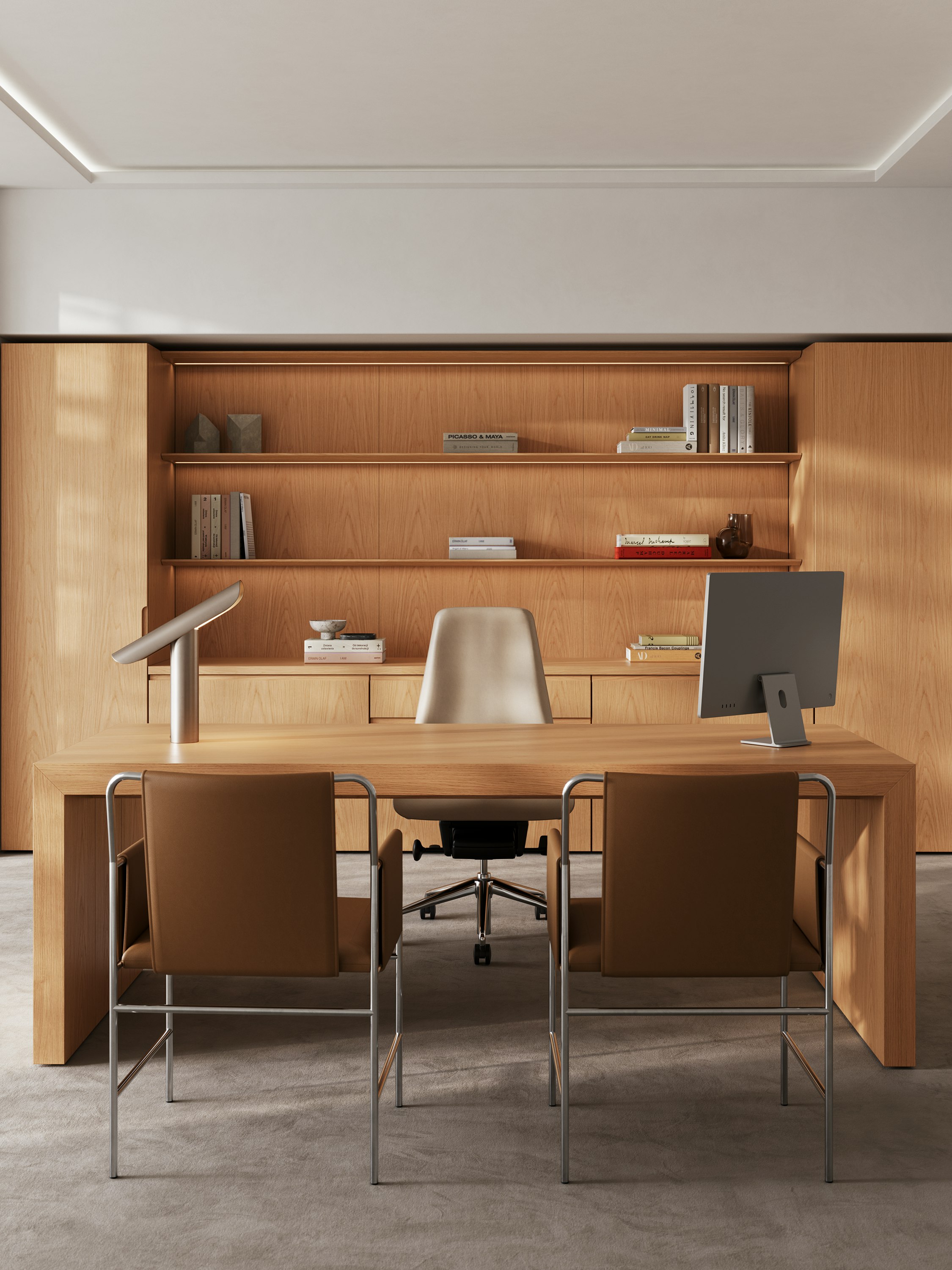 A Geiger One Casegoods Private Office in Natural Flat Cut Oak with a freestanding desk, vertical and wall storage, with a Taper Chair behind the desk and Envelope guest chairs in front.