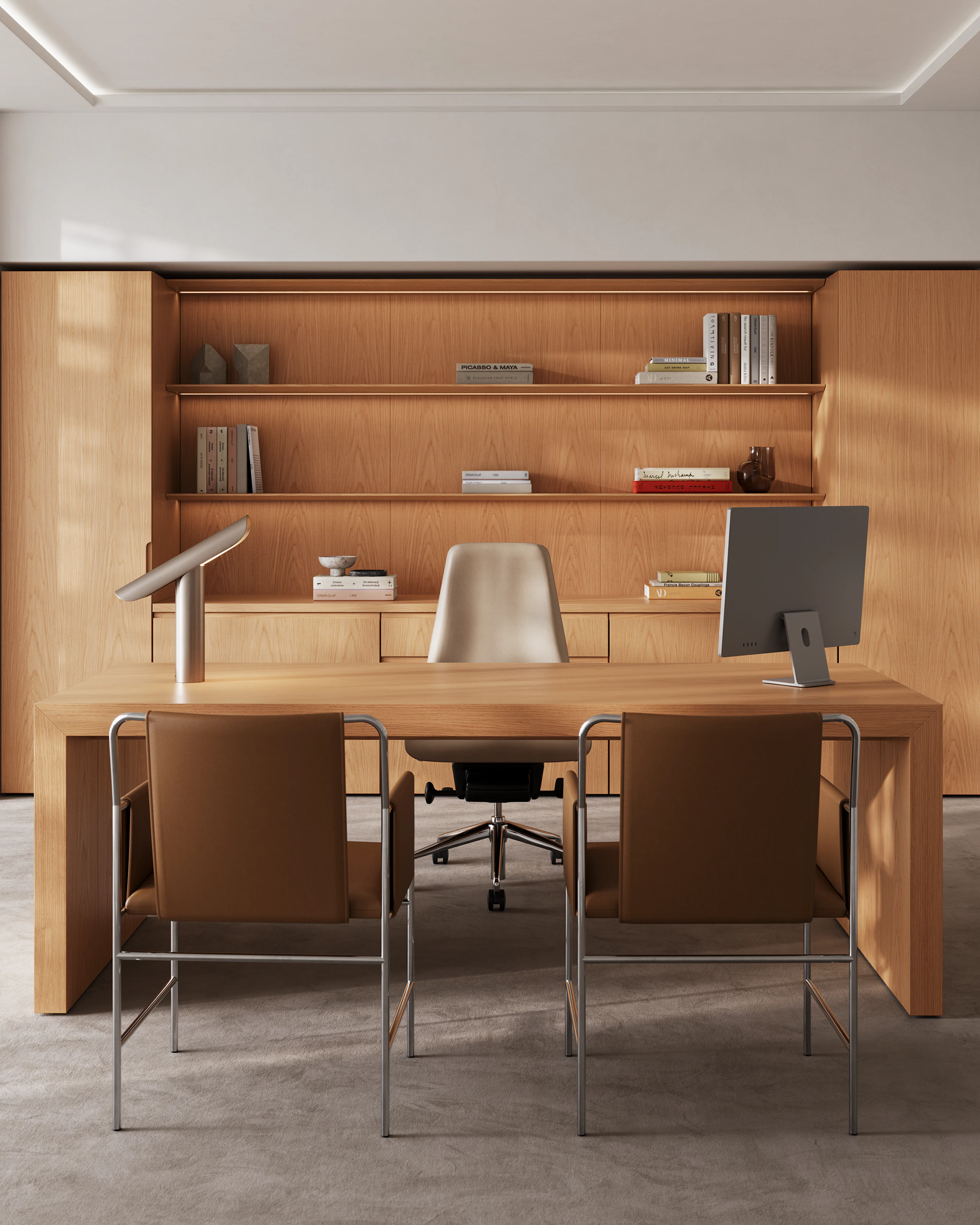 A Geiger One Casegoods Private Office in Natural Flat Cut Oak with a freestanding desk, vertical and wall storage, with a Taper Chair behind the desk and Envelope guest chairs in front.
