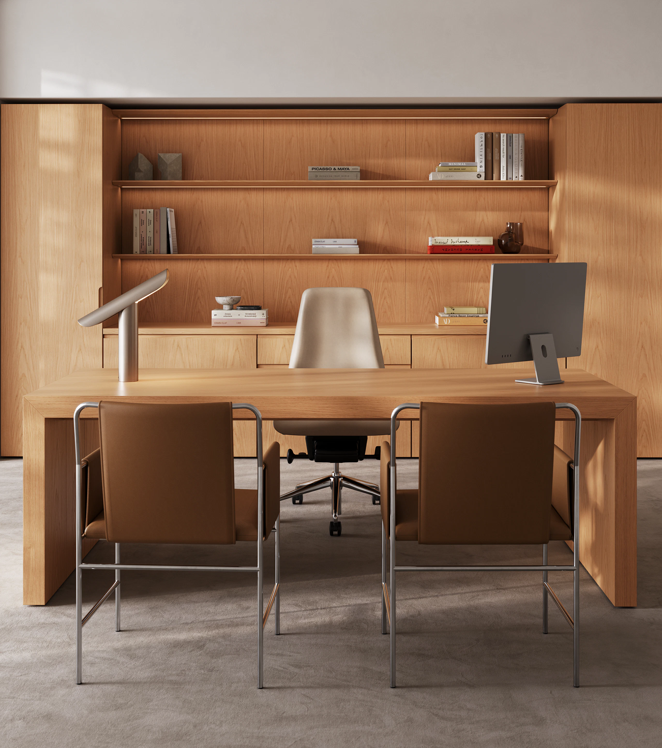 A Geiger One Casegoods Private Office and custom JD Waterfall Desk in Natural Flat Cut Oak with vertical and wall storage, with a Taper Chair behind the desk and Envelope guest chairs in front.