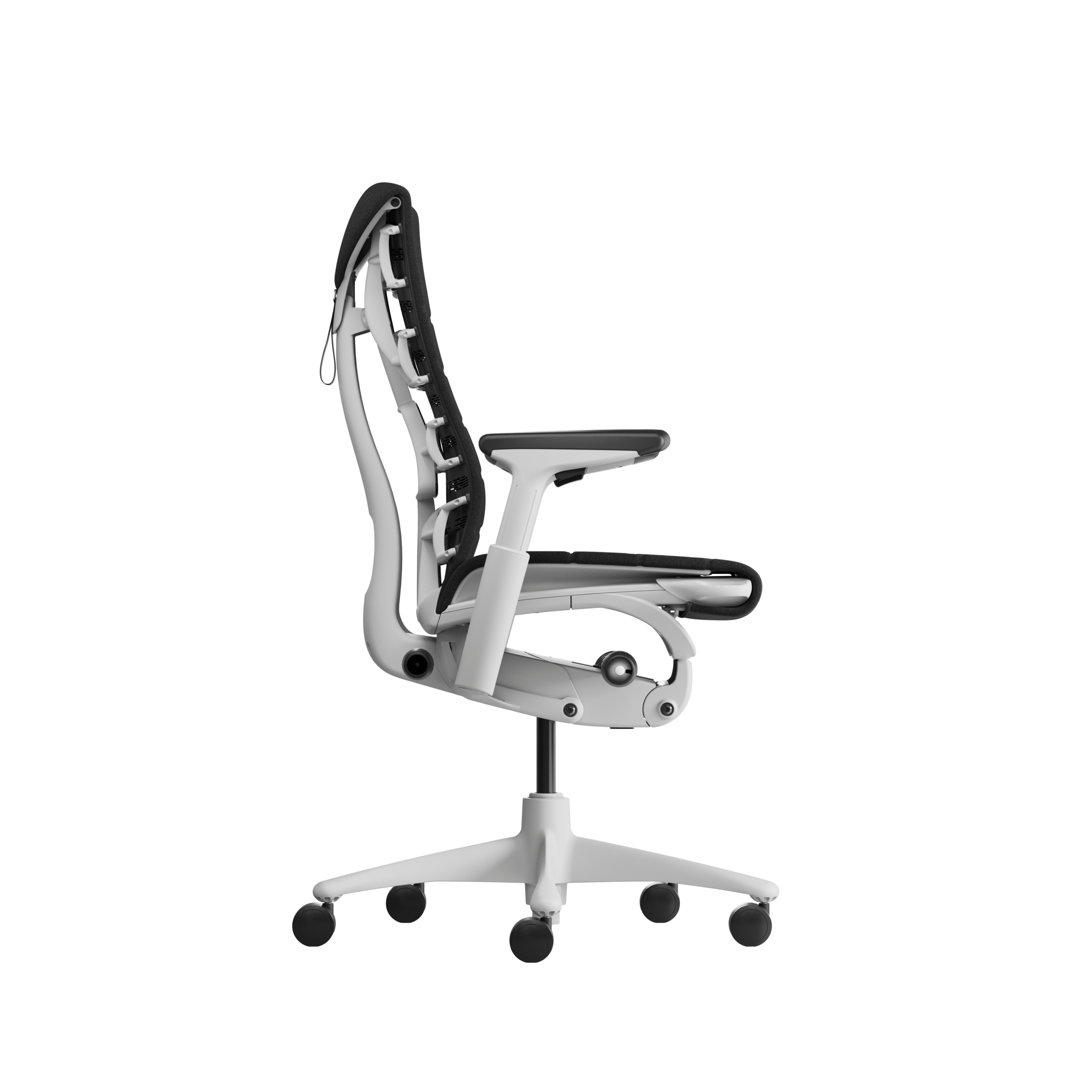 Embody Gaming Chair in  White and Black viewed from the side