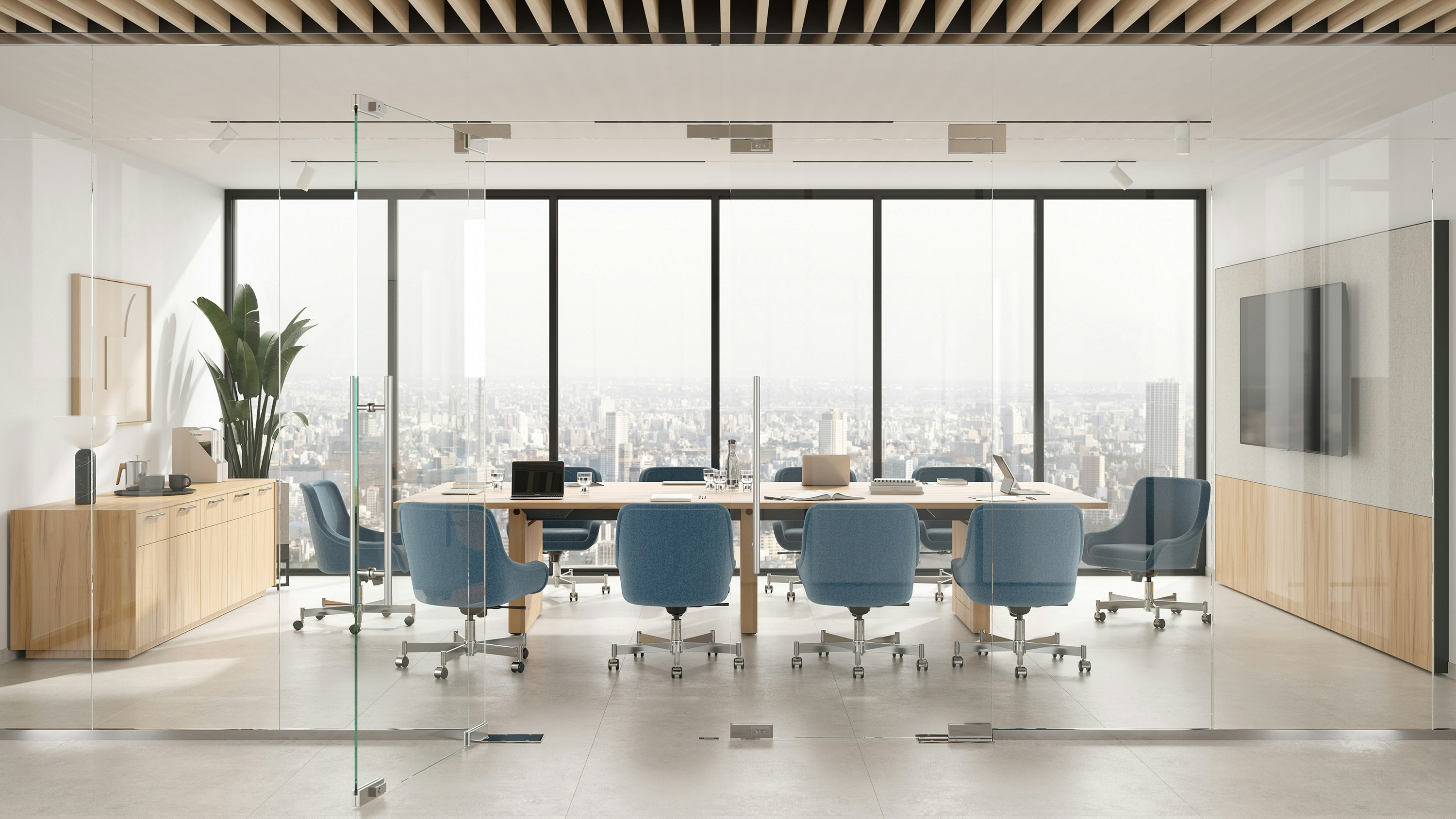 Bumper Chairs in a low arm version in a Conference Room setting with JD Conference Table and Credenza.
