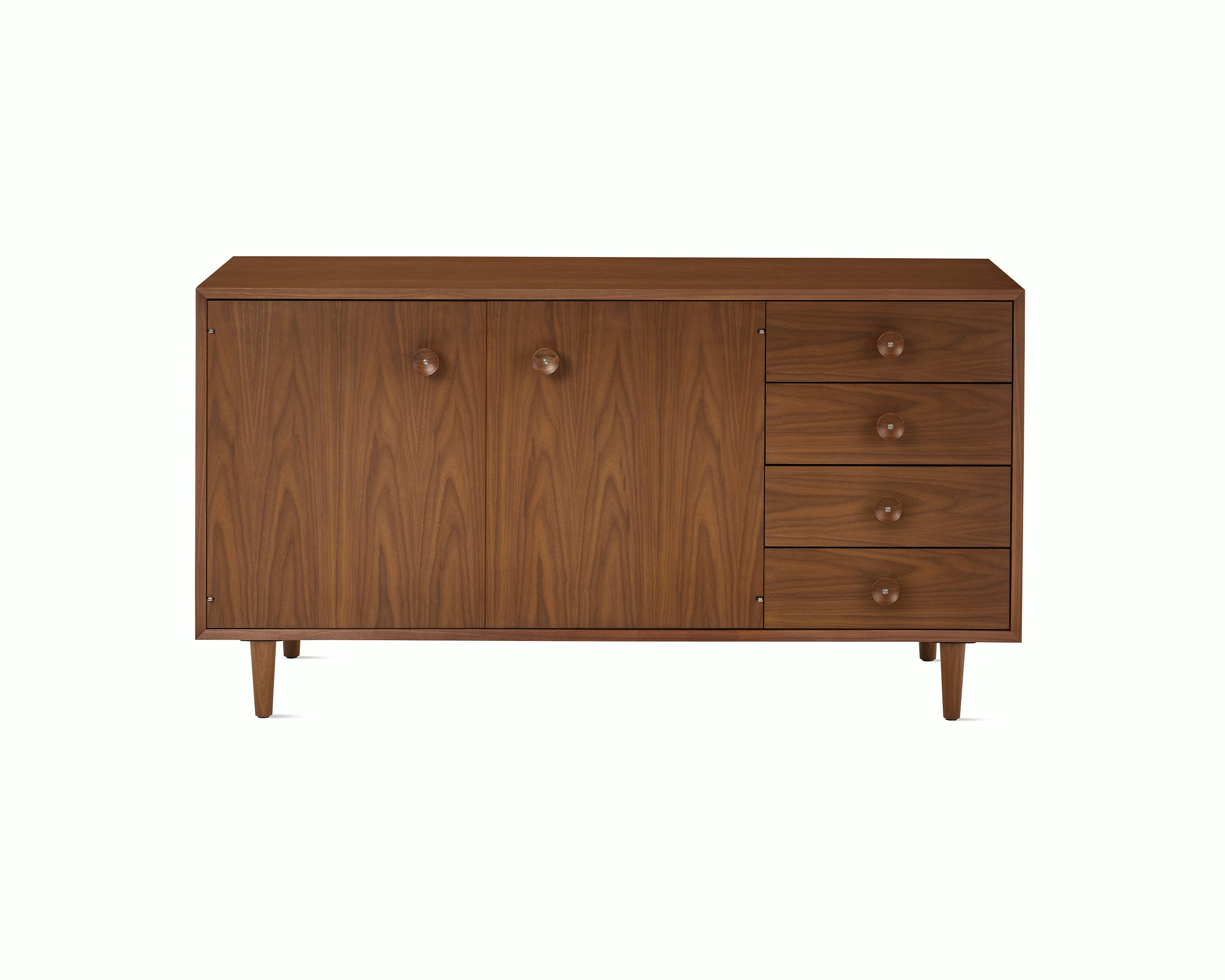 Nelson Basic Cabinet Series Credenza in walnut with two doors, four drawers, taper legs, and cupcake pulls.