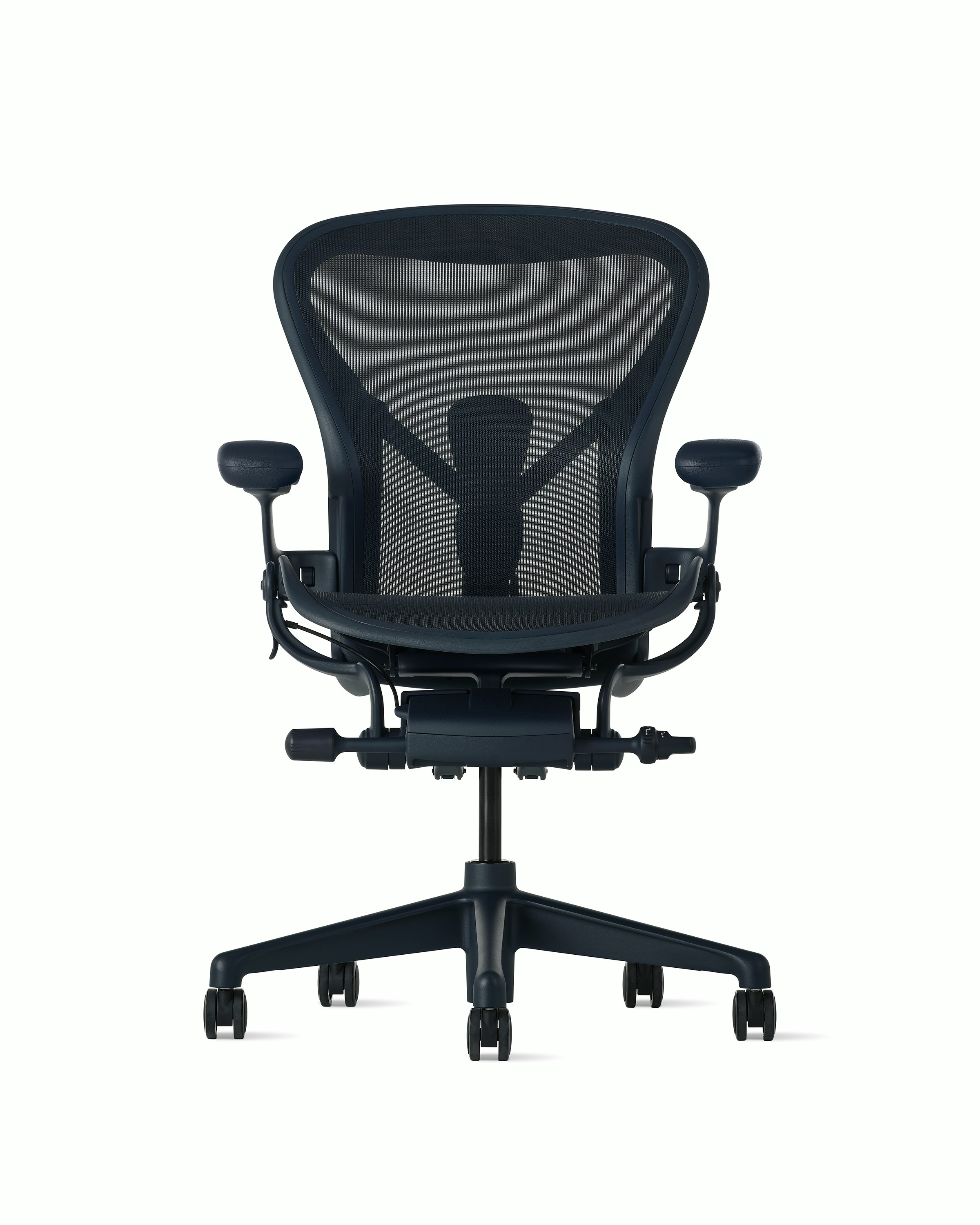 Front view of an Aeron chair in navy with PostureFit SL. 