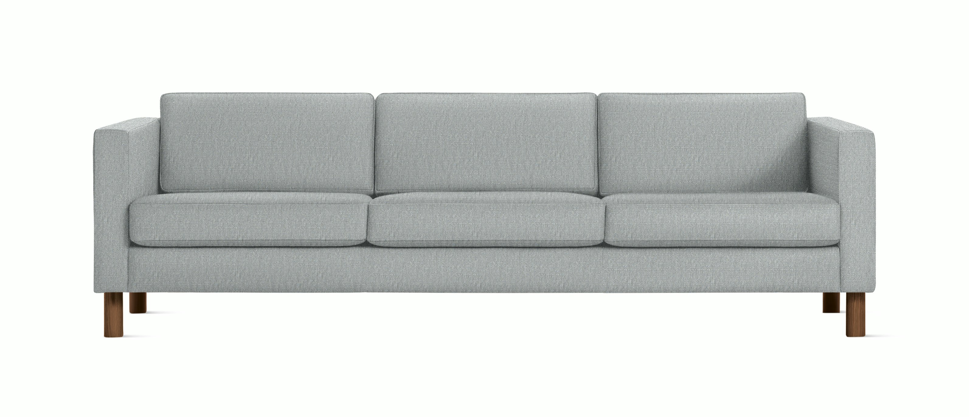 A Lispenard Sofa in Powder with Walnut finish viewed from the front.