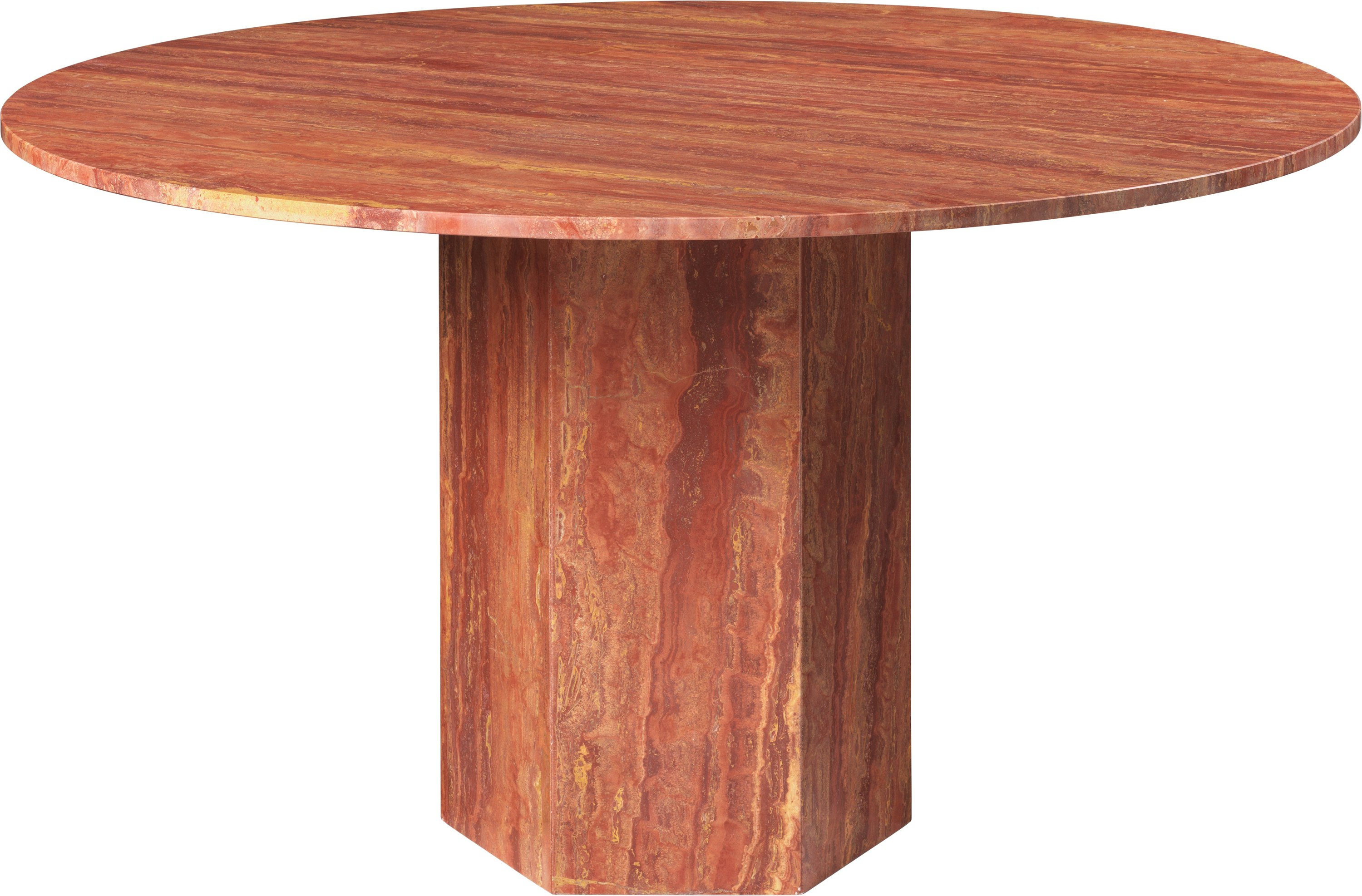 A Epic Dining Table in Travertine, Burned Red viewed from the front.