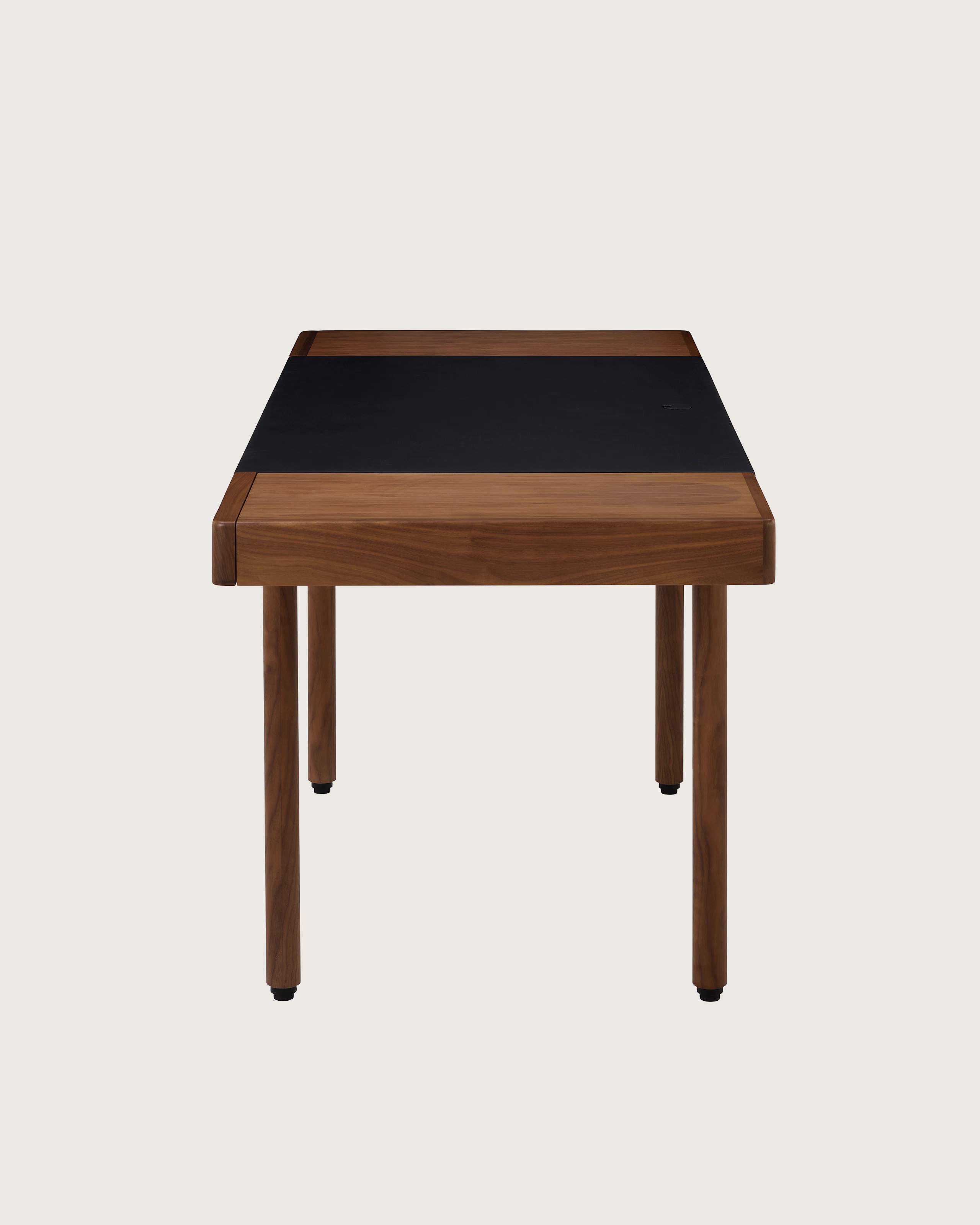 New Canaan Leatherwrap Sit-to-Stand Desk in Walnut and Black Leather, two drawers, side view.