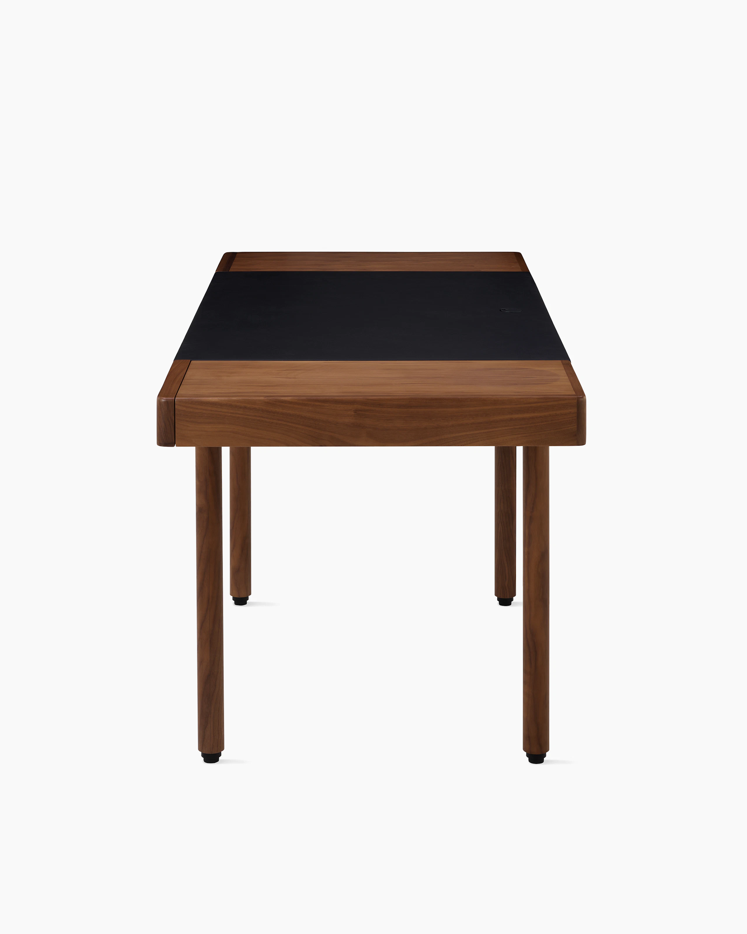 New Canaan Leatherwrap Sit-to-Stand Desk in Walnut and Black Leather, two drawers, side view.