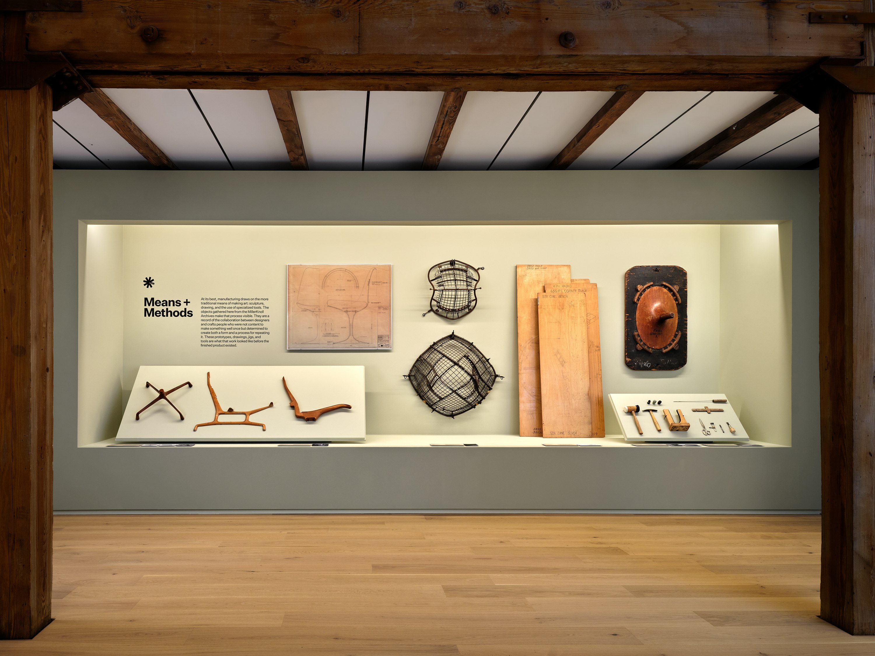 A display of manufacturing and design tools from the MillerKnoll Archives at the Means and Methods exhibition at MillerKnoll Design Days.