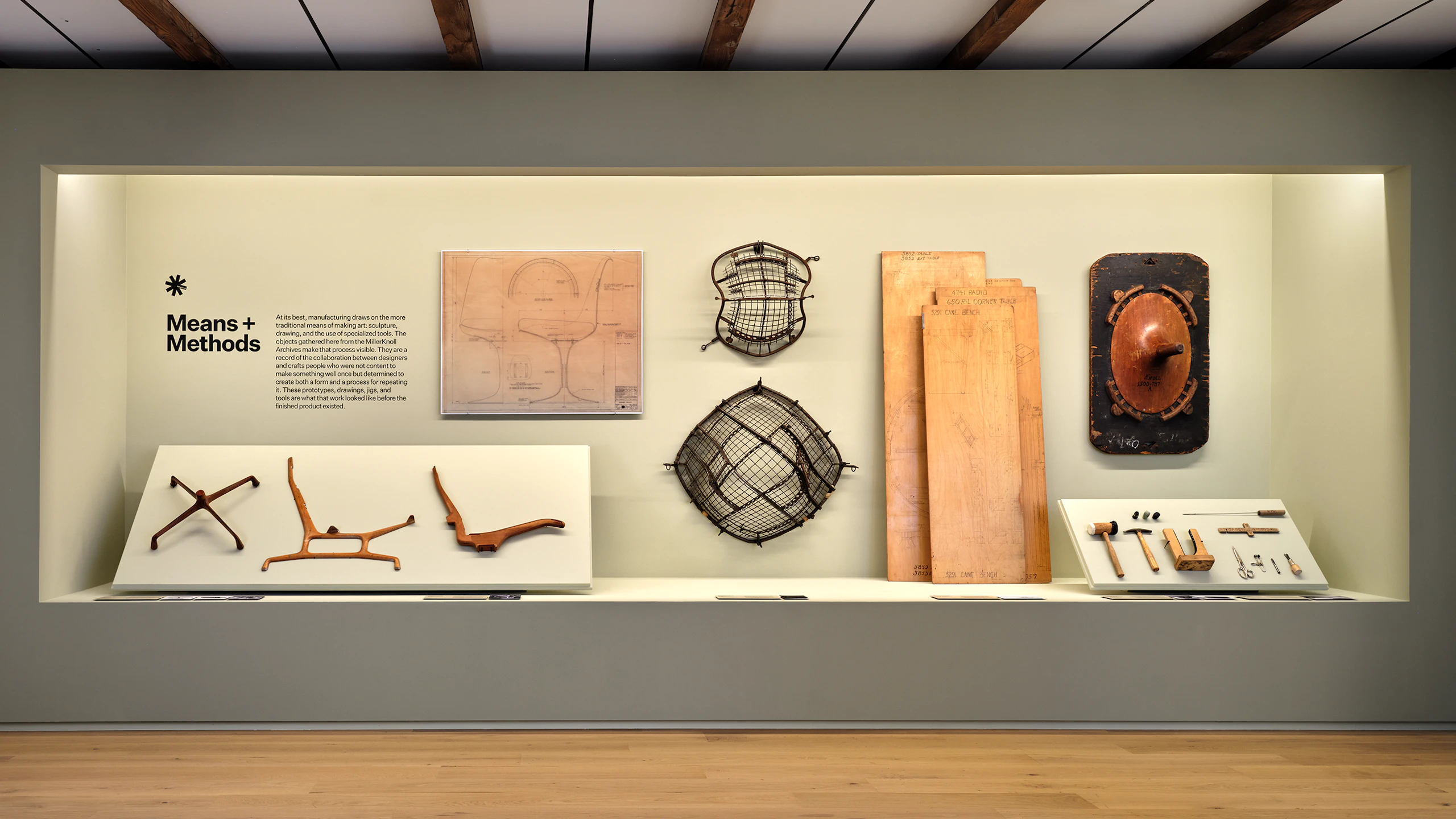 A display of manufacturing and design tools from the MillerKnoll Archives at the Means and Methods exhibition at MillerKnoll Design Days.