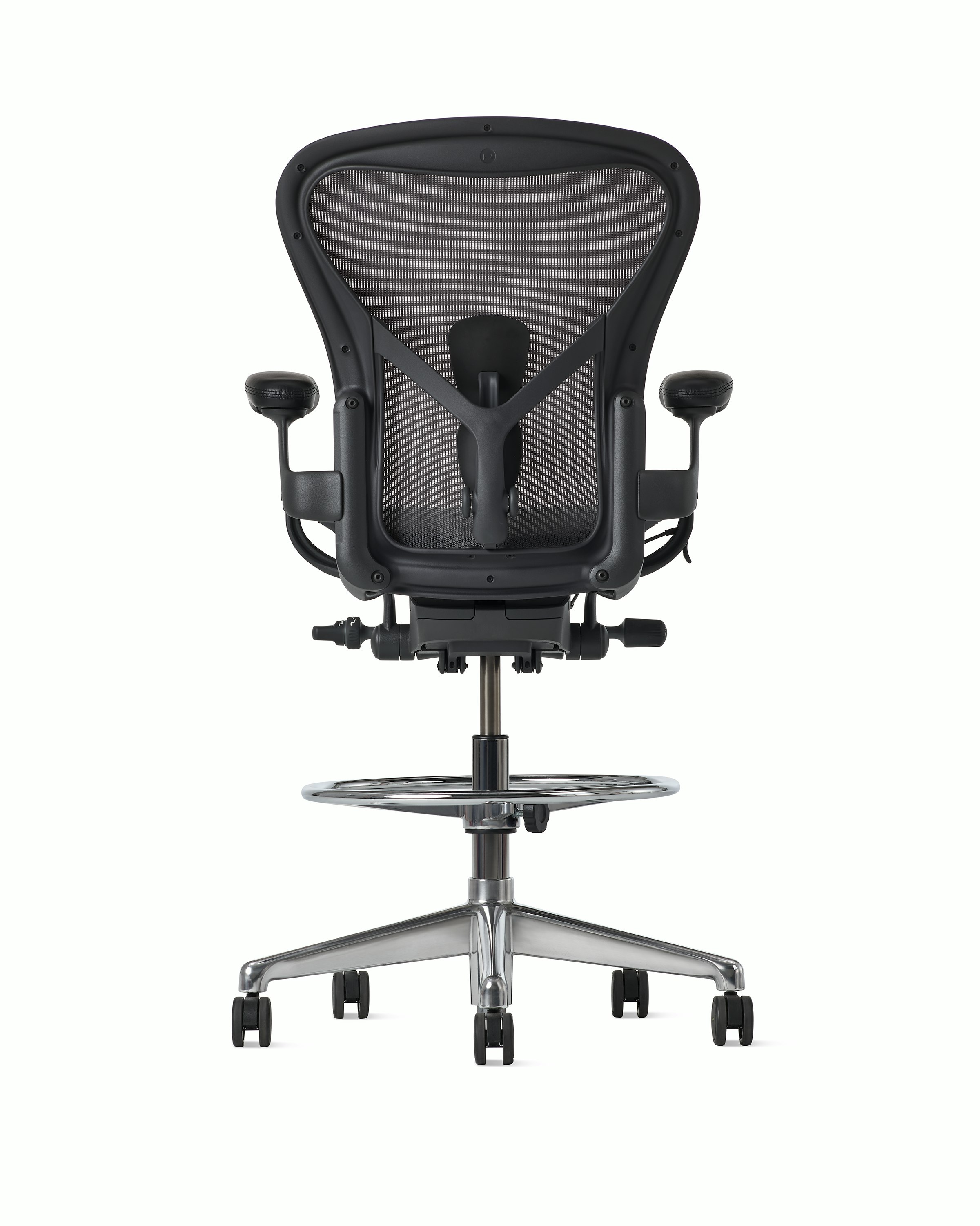 Rear view of an Aeron ESD stool, granite frame and suspension and polished base.