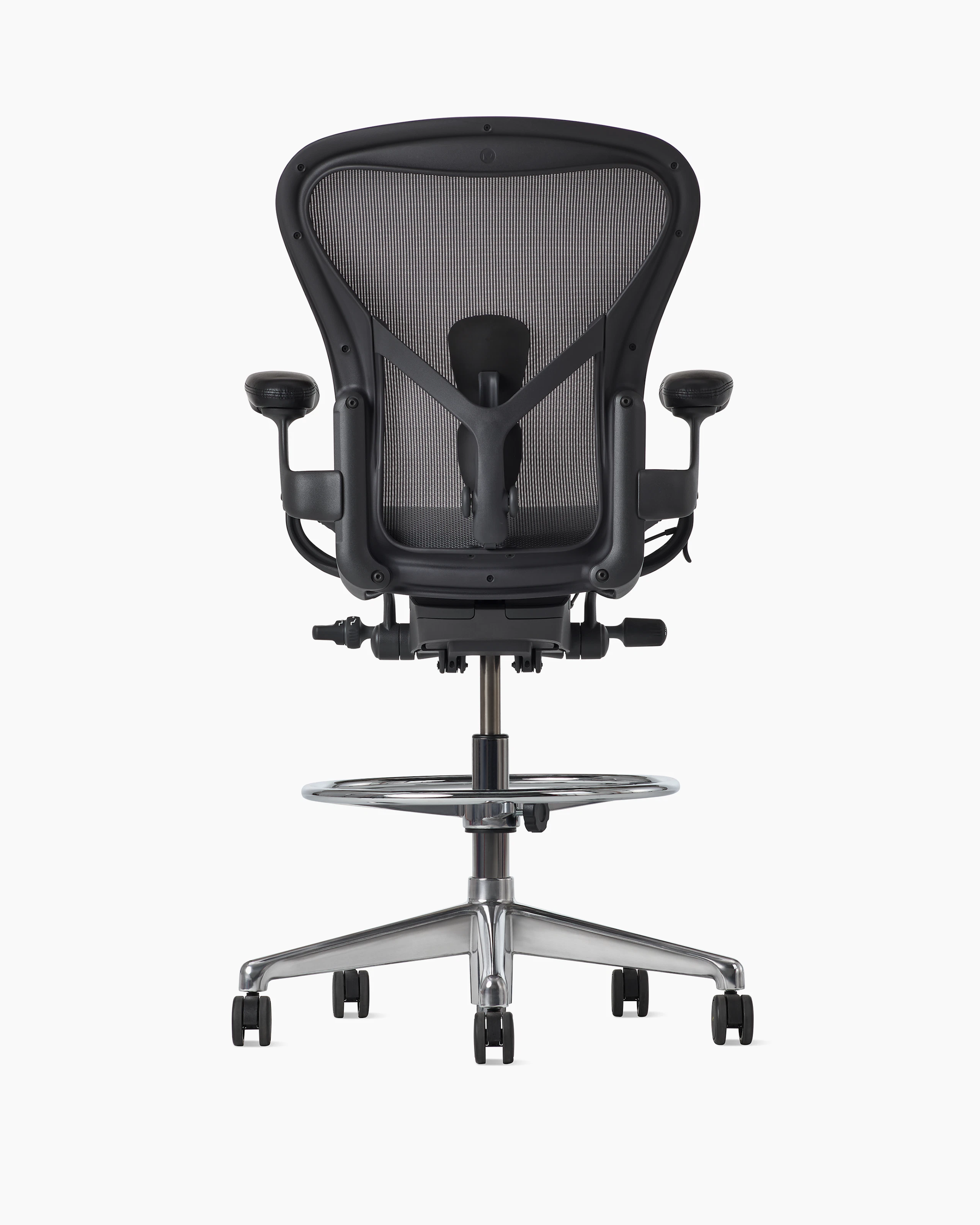 Rear view of an Aeron ESD stool, granite frame and suspension and polished base.