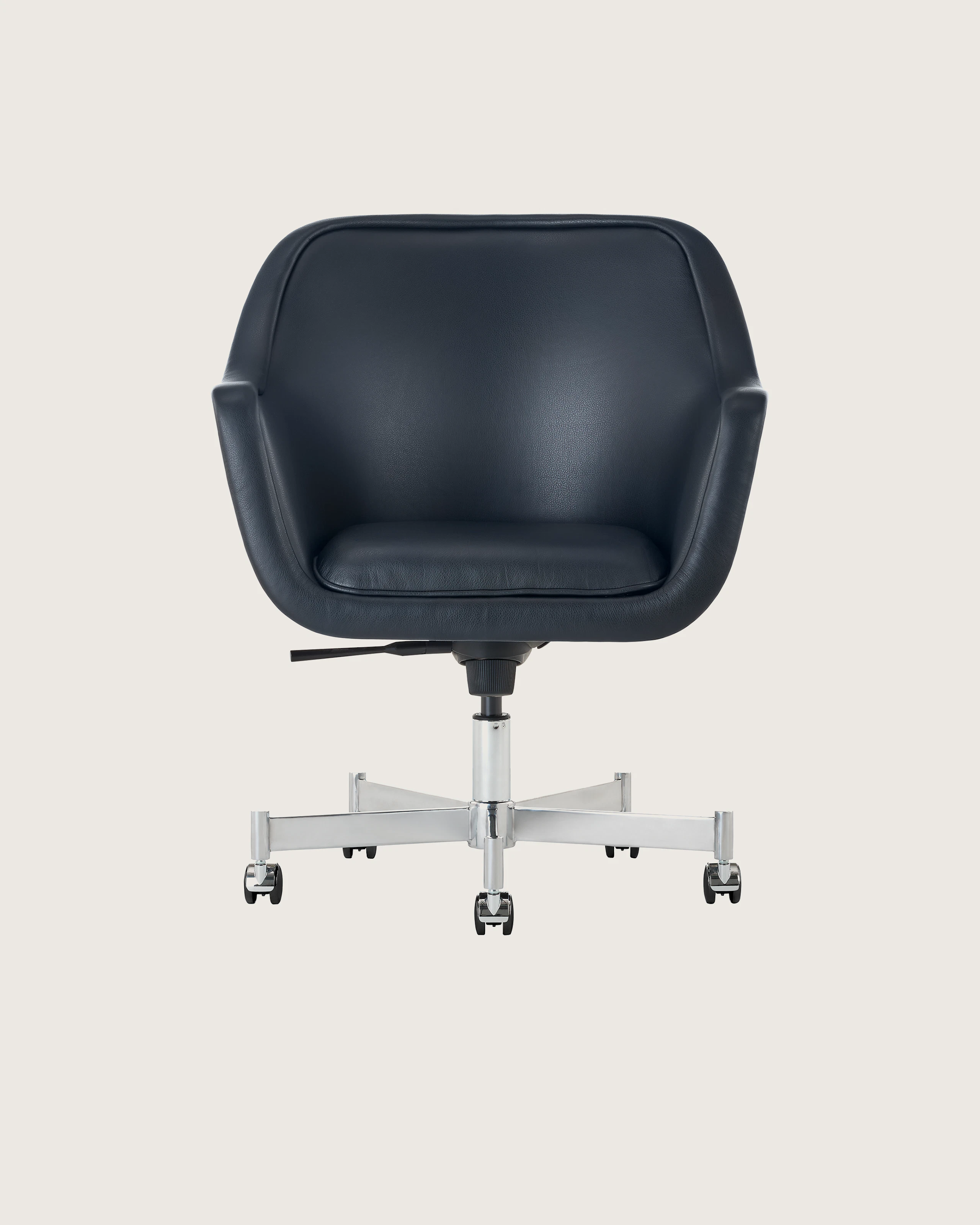 Bumper Chair with standard arms and five star base with casters, front view.