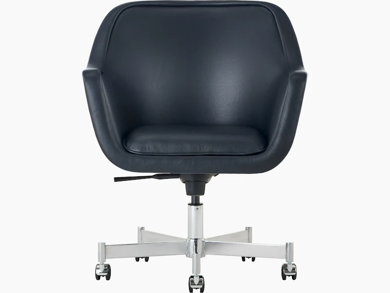 Bumper Chair with standard arms and five star base with casters, front view.
