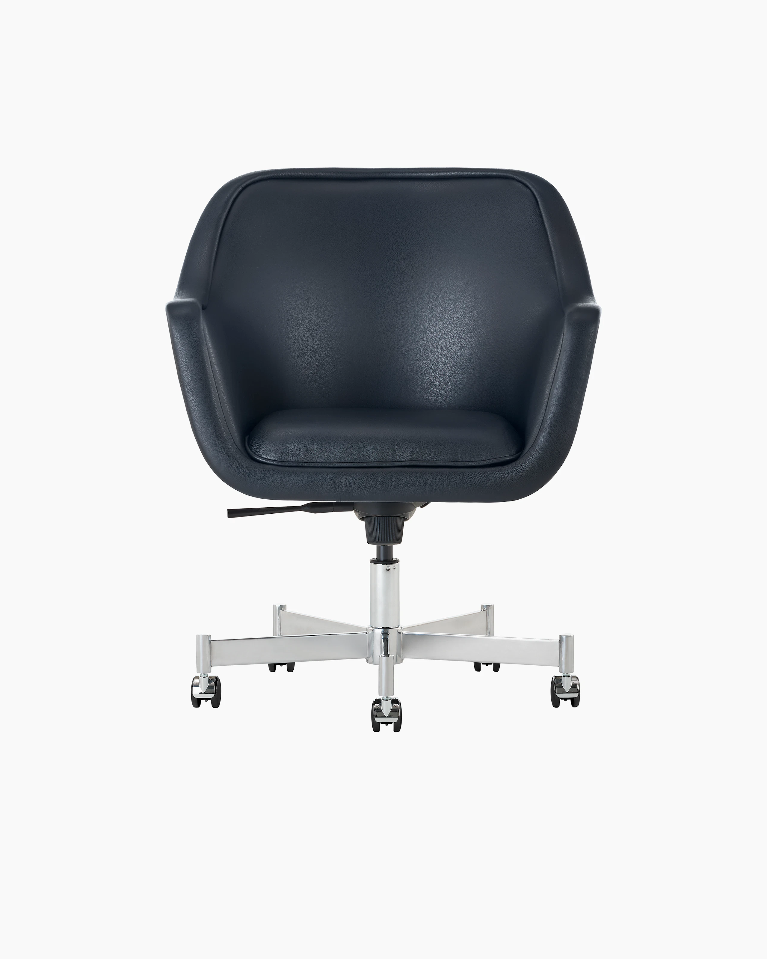 Bumper Chair with standard arms and five star base with casters, front view.